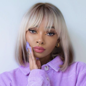 Lady Miranda Straight Hair Bob Wig Ombre Color Middle Part with Bangs Synthetic Full Wigs for Women Cosplay Wigs (Brown Blonde Ombre)