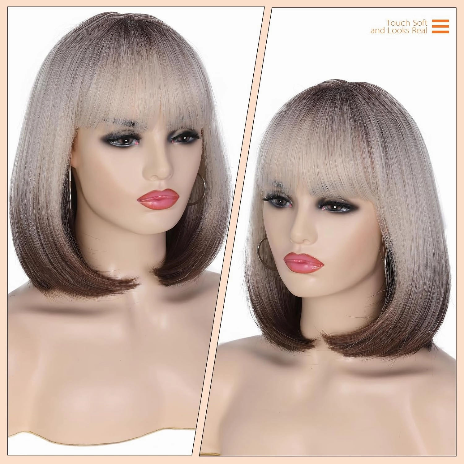 Lady Miranda Straight Hair Bob Wig Ombre Color Middle Part with Bangs Synthetic Full Wigs for Women Cosplay Wigs (Brown Blonde Ombre)
