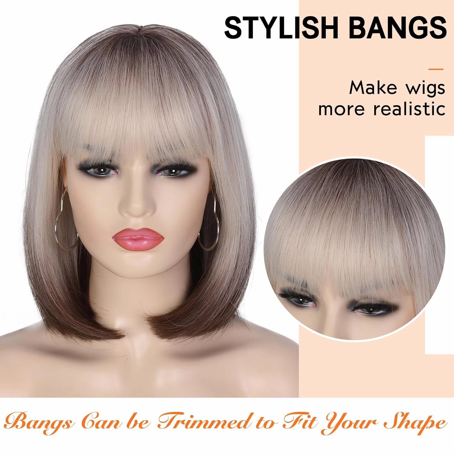 Lady Miranda Straight Hair Bob Wig Ombre Color Middle Part with Bangs Synthetic Full Wigs for Women Cosplay Wigs (Brown Blonde Ombre)