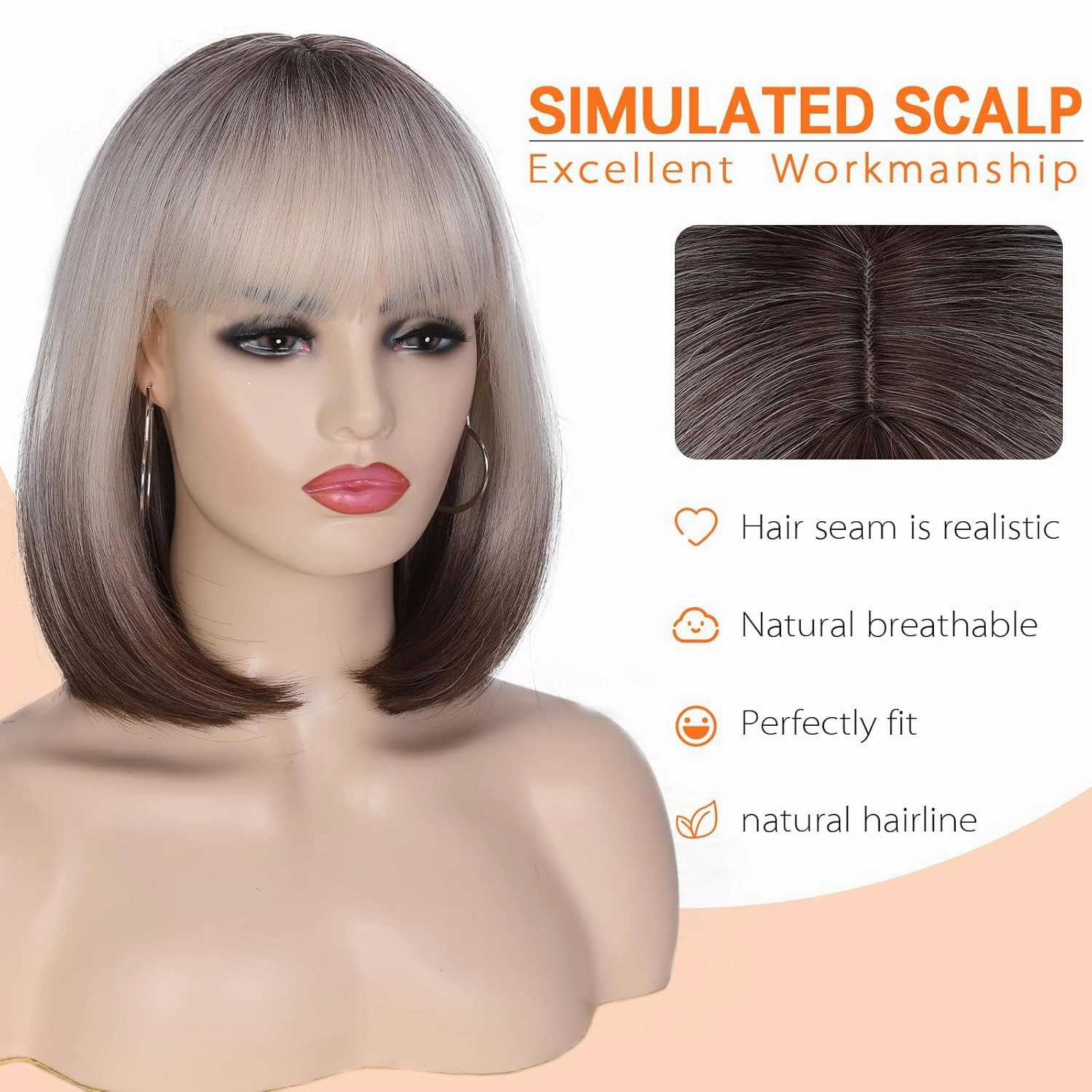 Lady Miranda Straight Hair Bob Wig Ombre Color Middle Part with Bangs Synthetic Full Wigs for Women Cosplay Wigs (Brown Blonde Ombre)