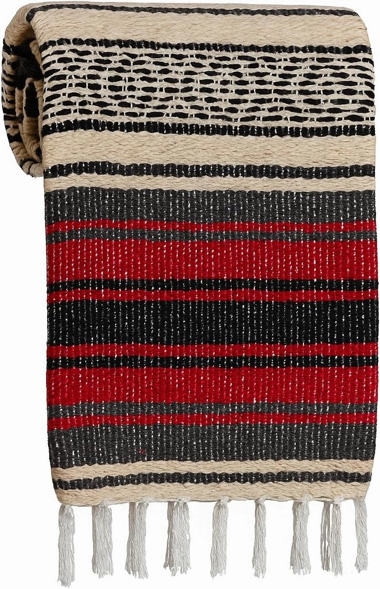 Large Mexican Blanket in Red — Handcrafted Serape Falsa Yoga Blanket (73” x 48”) – Durable Throw for Camping, Beach & Outdoor Use – Artisan Craft, Made in Mexico from Recycled Fibers