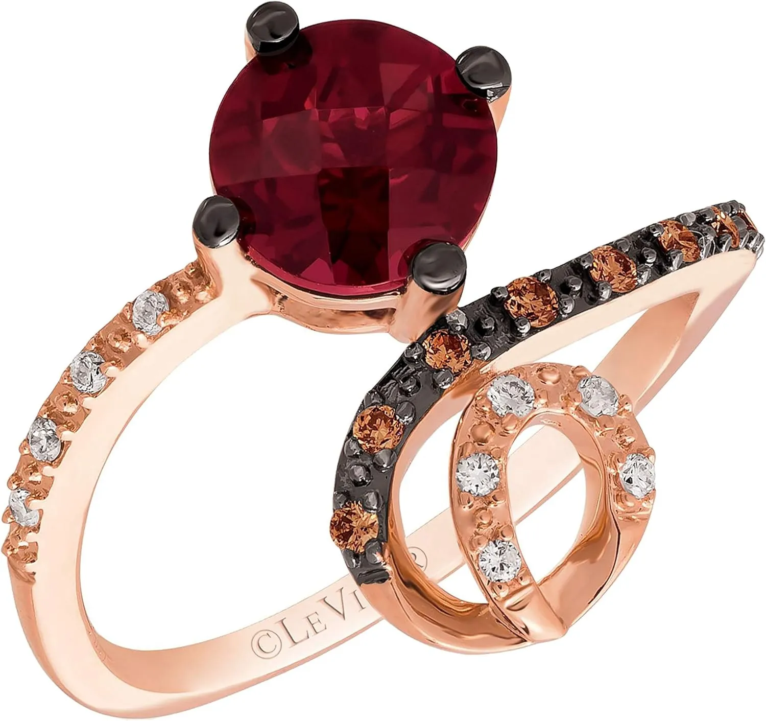 LE VIAN 1/10 Carat Vanilla and Chocolate Diamond Statement Ring for Women | 14k Rose Gold Ring with 1 1/4 Carat Round Cut Rhodolite Garnet (G-H, VS2-SI1, 0.12 cttw) Anniversary Promise Band Size 6.75