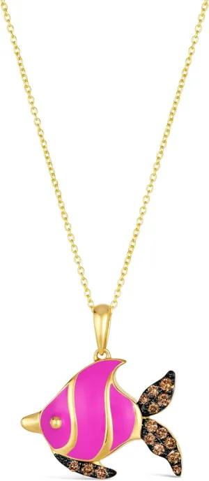 LE VIAN 1/3 Carat Chocolate Diamond Fish Pendant Necklace for Women | 14k Yellow Gold Pave Necklace for Her with Pink Enamel Tropical Design (Brown, 0.35 cttw) 18 Inch Chain with Lobster Claw Clasp