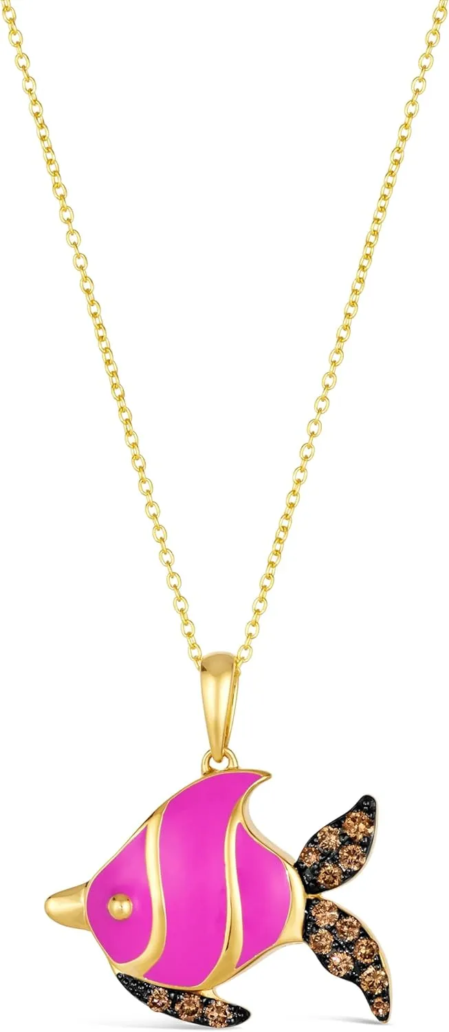 LE VIAN 1/3 Carat Chocolate Diamond Fish Pendant Necklace for Women | 14k Yellow Gold Pave Necklace for Her with Pink Enamel Tropical Design (Brown, 0.35 cttw) 18 Inch Chain with Lobster Claw Clasp