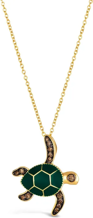 LE VIAN 1/8 Carat Chocolate Diamond Turtle Pendant Necklace for Women | 14k Yellow Gold Necklace for Her with Green Enamel Shell Design I 18 Inch Chain (Brown, 0.13 cttw) Lobster Claw Clasp