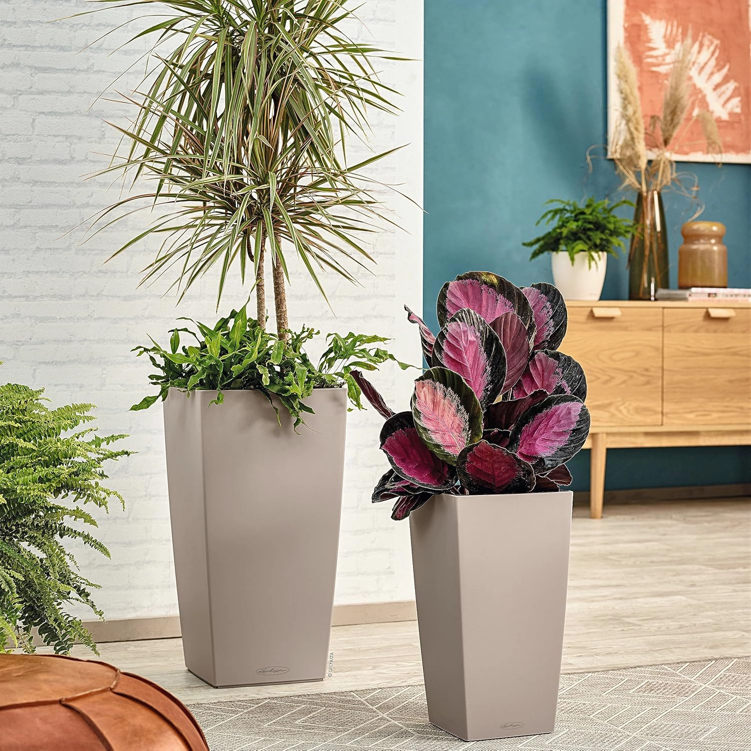 Lechuza 13128 Cubico Color 22 Self-Watering Planter for Indoor and Outdoor Use, 9" x 9" x 16", Sand Brown