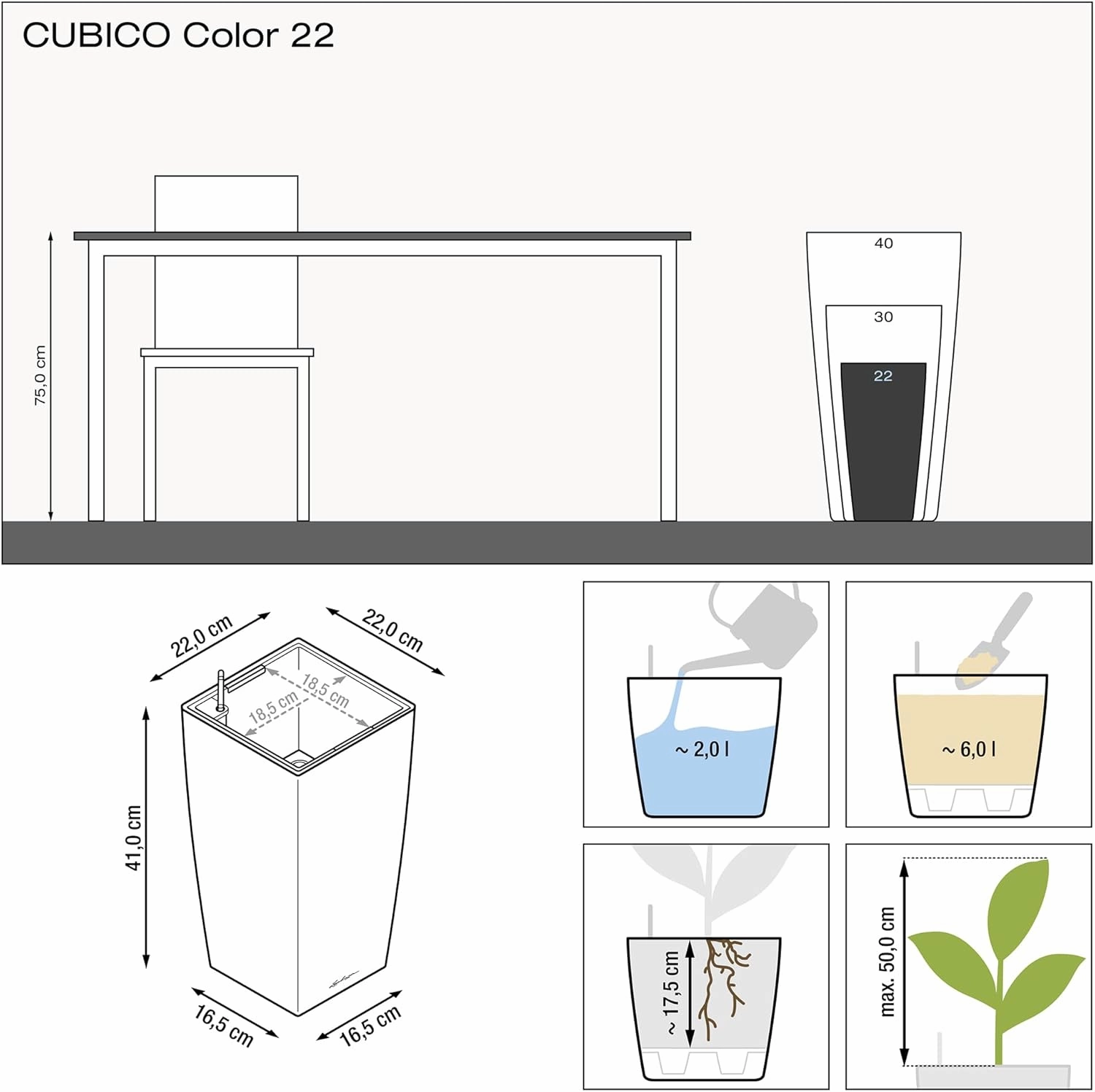 Lechuza 13128 Cubico Color 22 Self-Watering Planter for Indoor and Outdoor Use, 9" x 9" x 16", Sand Brown