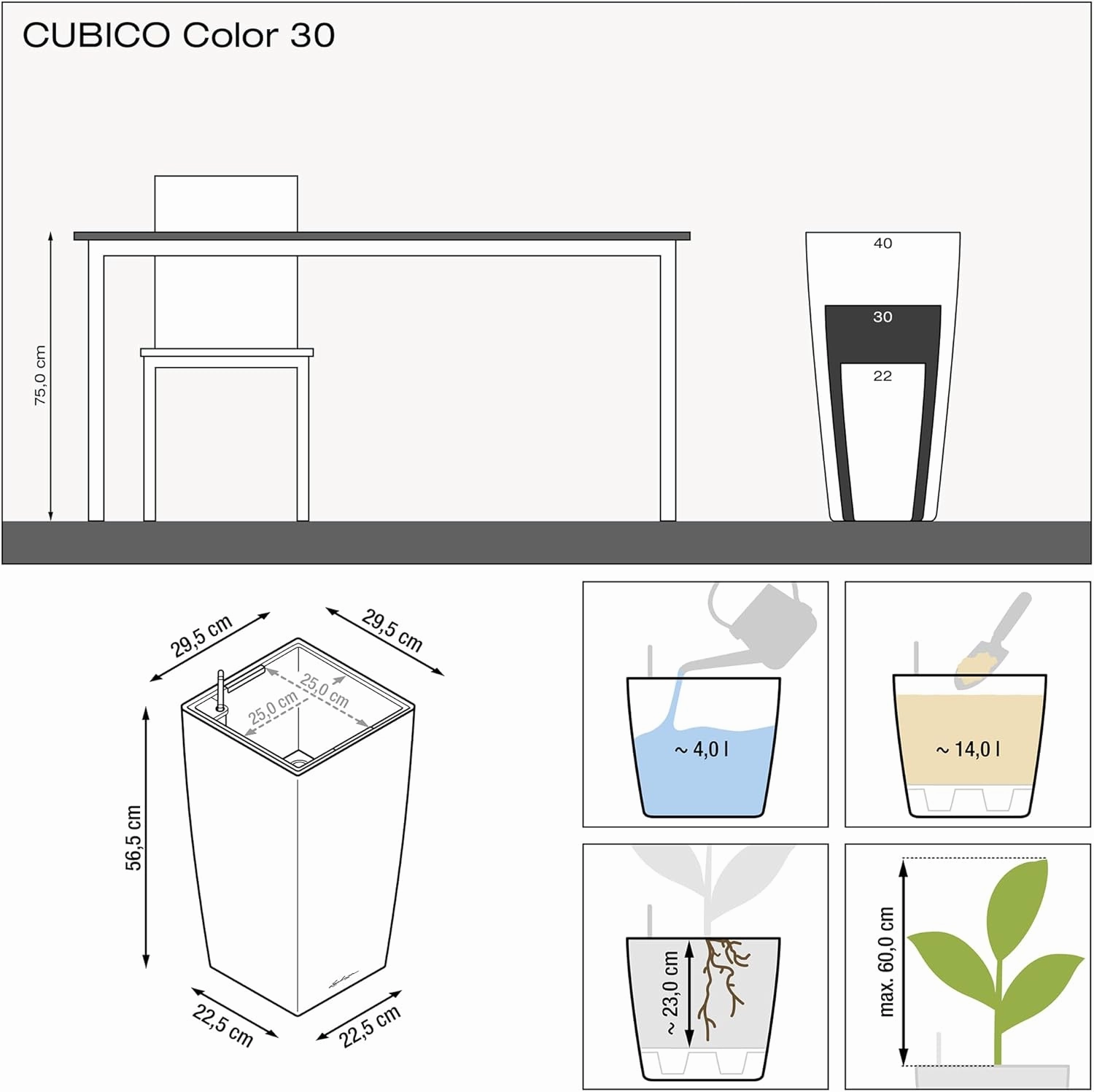 Lechuza 13130 Cubico Color 30 Self-Watering Planter for Indoor and Outdoor Use, 12" x 12" x 22", White Matte