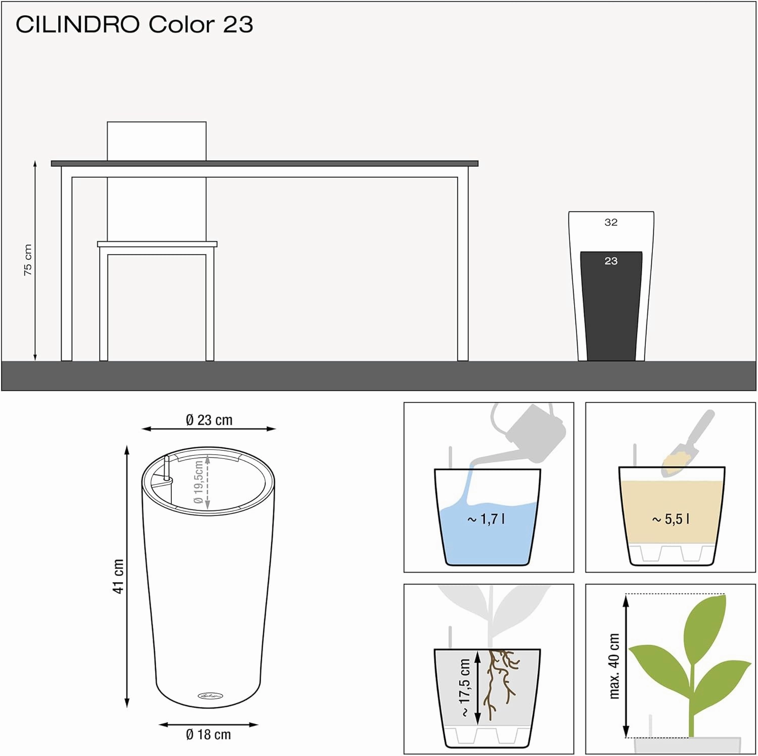Lechuza 13948 Clindro 23 Self-Watering Planter for Indoor and Outdoor Use, 9" x 16", Sand Brown