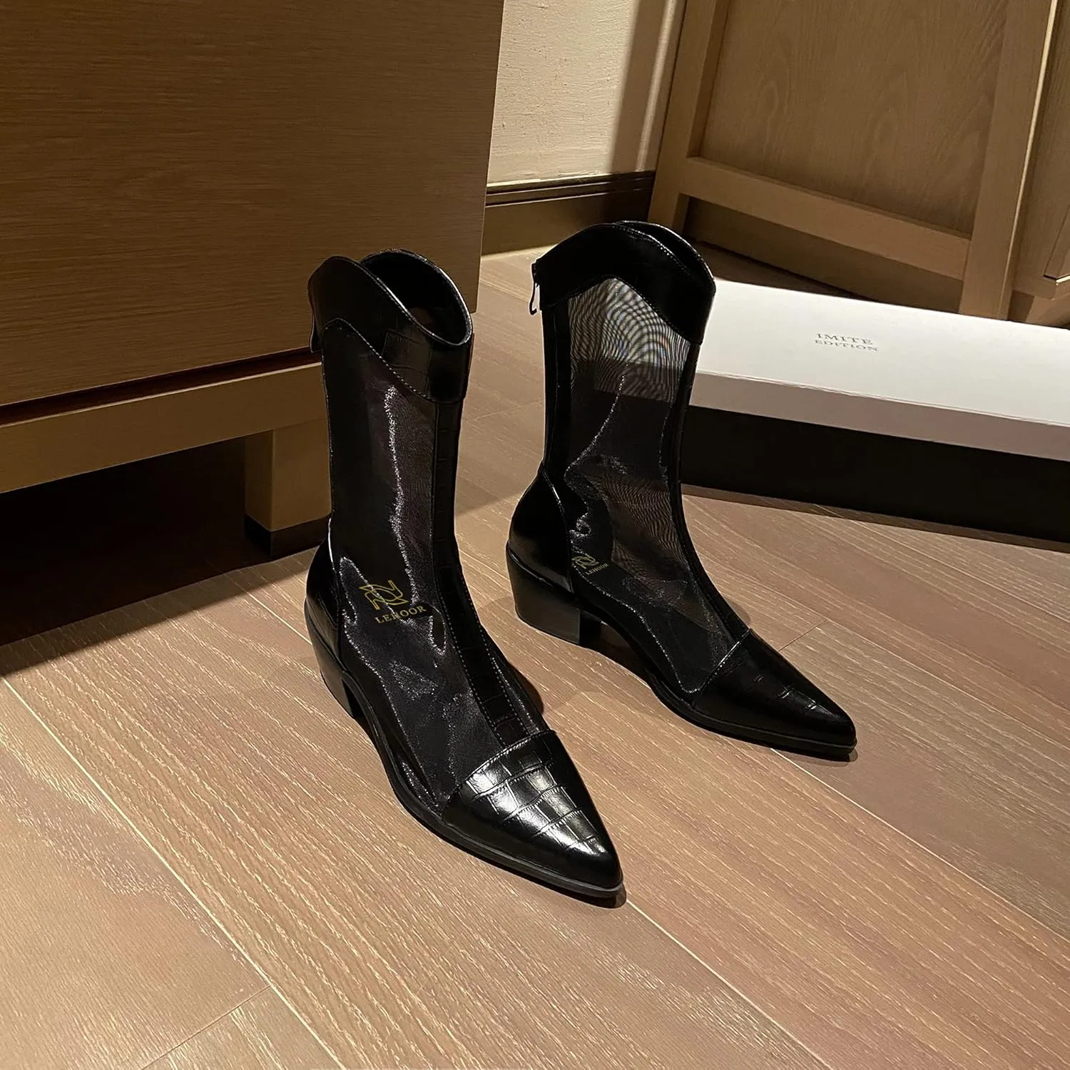 LEHOOR Women Chunky Mid Heel Boots Pointed Toe Mesh Cap Toe Booties Back Zipper Transparent Patchwork Boots Thick Heel Stacked 2 Inch Summer Office Chic Dress Western Boots Size 4-10 M US