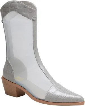 LEHOOR Women Chunky Mid Heel Boots Pointed Toe Mesh Cap Toe Booties Back Zipper Transparent Patchwork Boots Thick Heel Stacked 2 Inch Summer Office Chic Dress Western Boots Size 4-10 M US