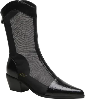 LEHOOR Women Chunky Mid Heel Boots Pointed Toe Mesh Cap Toe Booties Back Zipper Transparent Patchwork Boots Thick Heel Stacked 2 Inch Summer Office Chic Dress Western Boots Size 4-10 M US