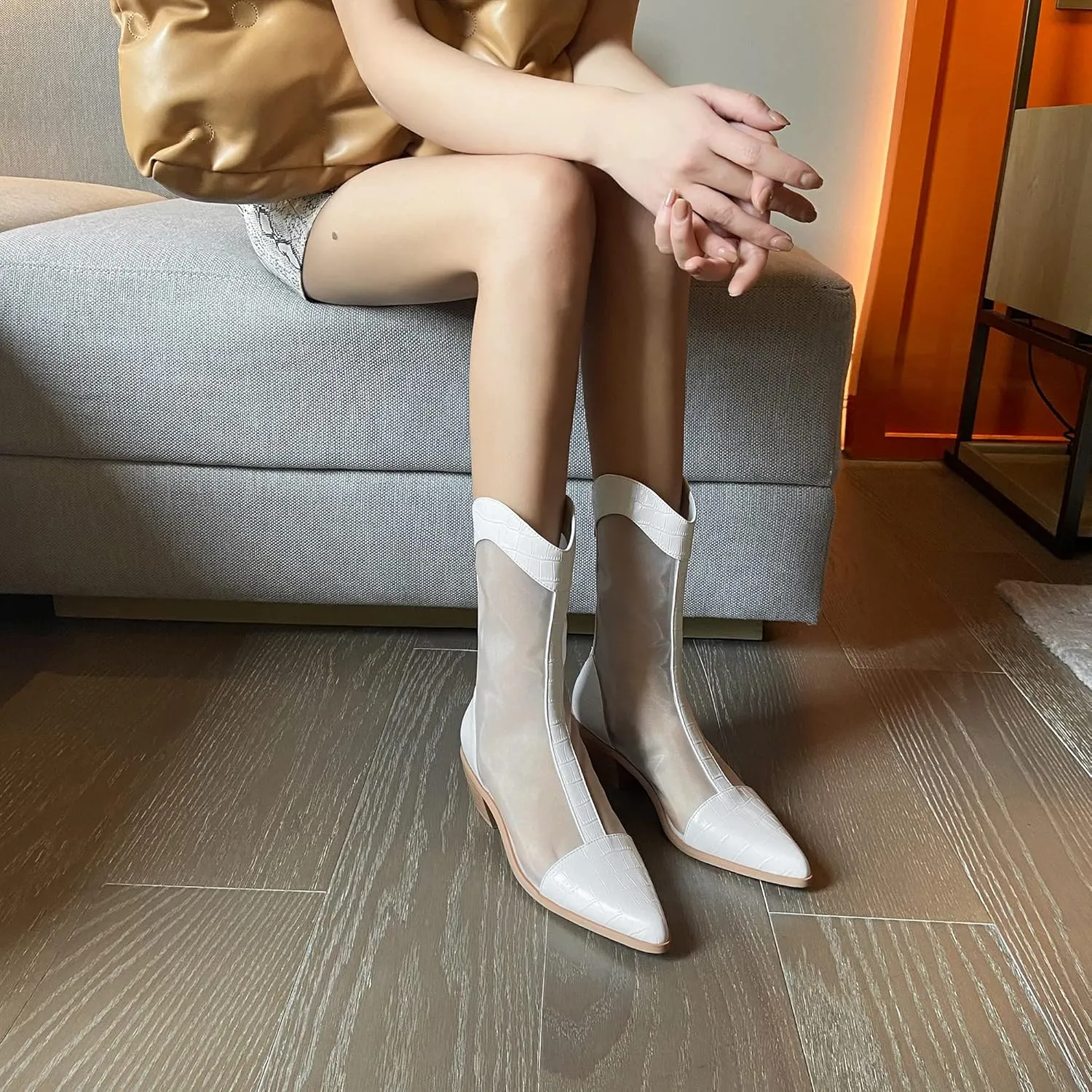 LEHOOR Women Chunky Mid Heel Boots Pointed Toe Mesh Cap Toe Booties Back Zipper Transparent Patchwork Boots Thick Heel Stacked 2 Inch Summer Office Chic Dress Western Boots Size 4-10 M US