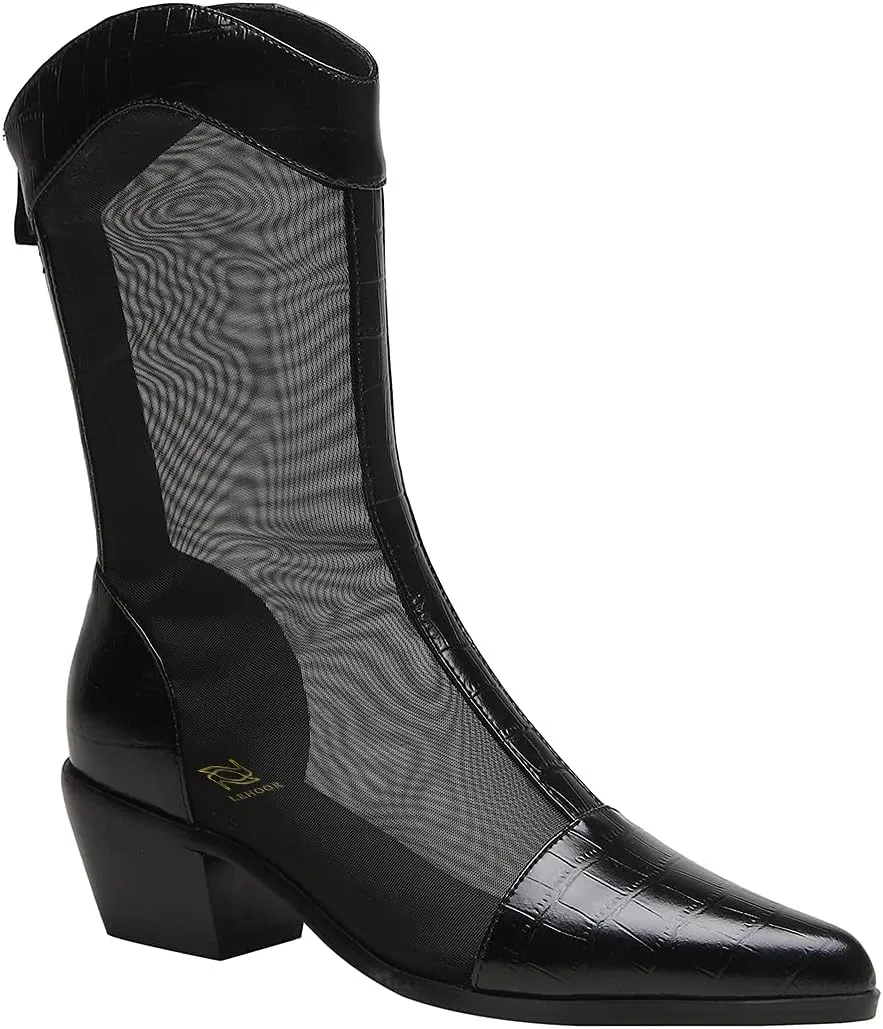 LEHOOR Women Chunky Mid Heel Boots Pointed Toe Mesh Cap Toe Booties Back Zipper Transparent Patchwork Boots Thick Heel Stacked 2 Inch Summer Office Chic Dress Western Boots Size 4-10 M US