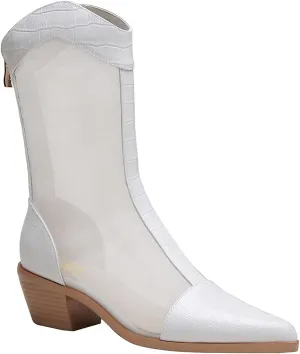 LEHOOR Women Chunky Mid Heel Boots Pointed Toe Mesh Cap Toe Booties Back Zipper Transparent Patchwork Boots Thick Heel Stacked 2 Inch Summer Office Chic Dress Western Boots Size 4-10 M US