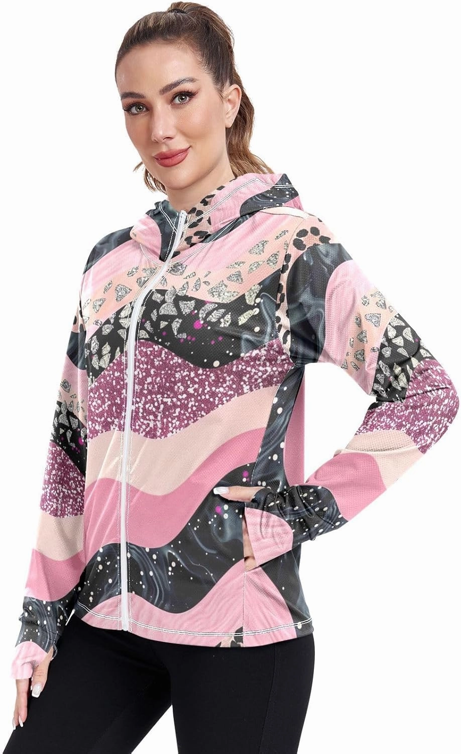 Leopard Print Pink Shimmer Sun Protection Shirts for Women, UPF 50  Women's Hiking Clothing, S-XXL