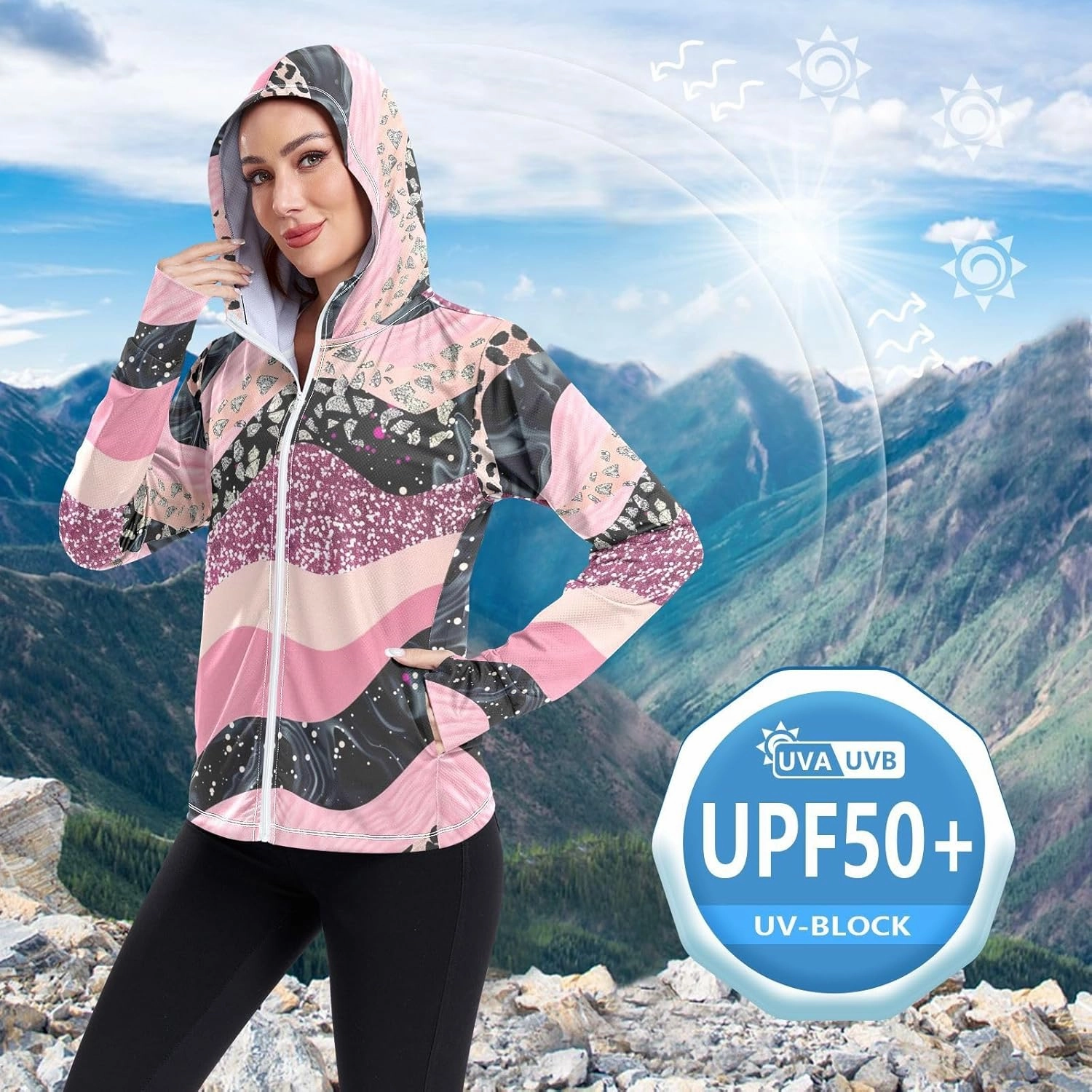 Leopard Print Pink Shimmer Sun Protection Shirts for Women, UPF 50  Women's Hiking Clothing, S-XXL