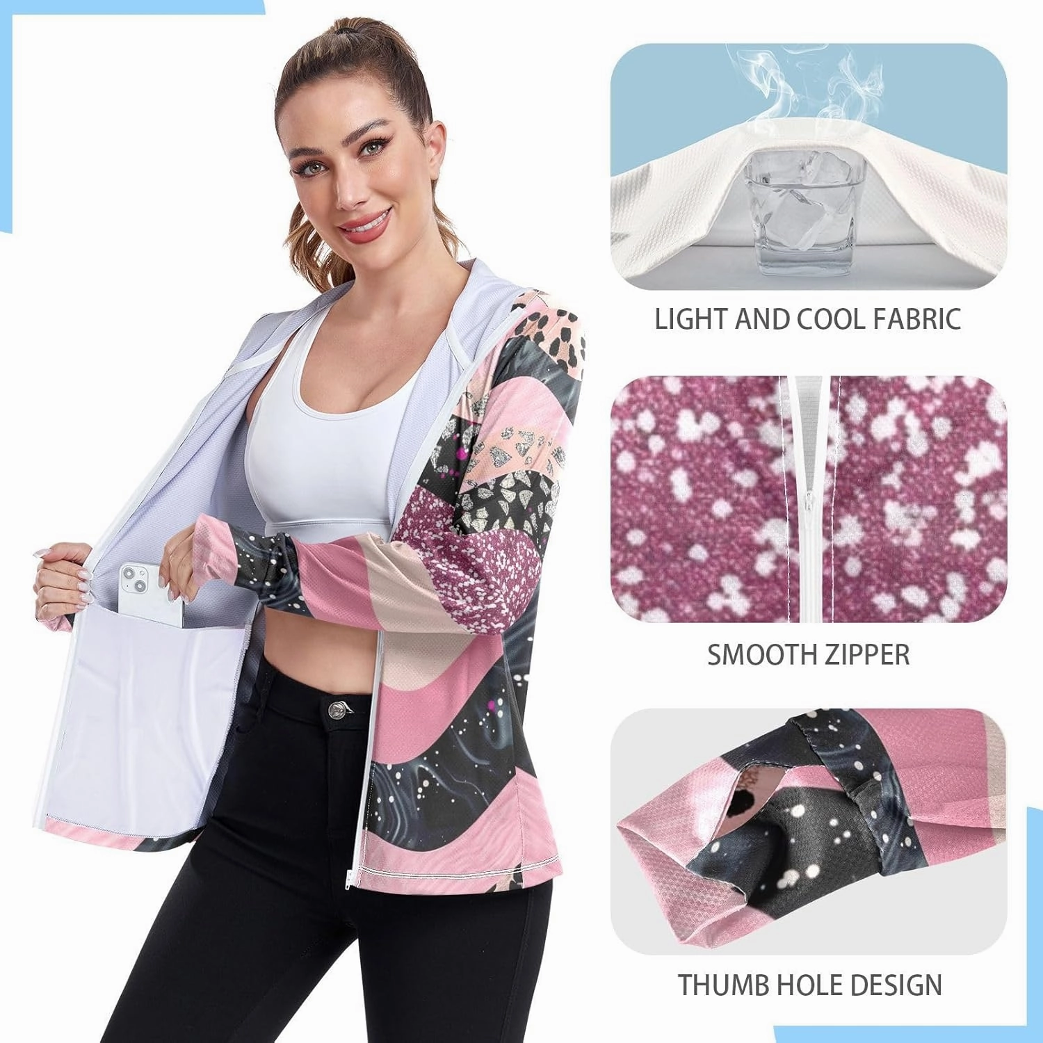 Leopard Print Pink Shimmer Sun Protection Shirts for Women, UPF 50  Women's Hiking Clothing, S-XXL