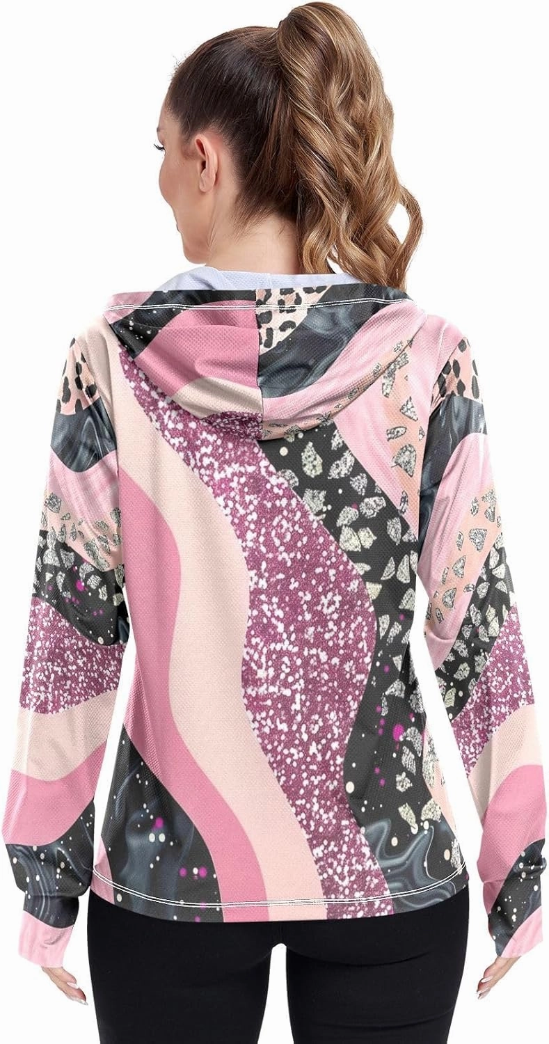 Leopard Print Pink Shimmer Sun Protection Shirts for Women, UPF 50  Women's Hiking Clothing, S-XXL