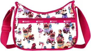 LeSportsac Animal Party Classic Hobo Crossbody Bag   Cosmetic Bag, Style 7520/Color E636, Whimsical & Festive Bull Dogs, Cats & Flamingos, Fashionably Dressed & Ready To Party, Vibrant Jewel Tones