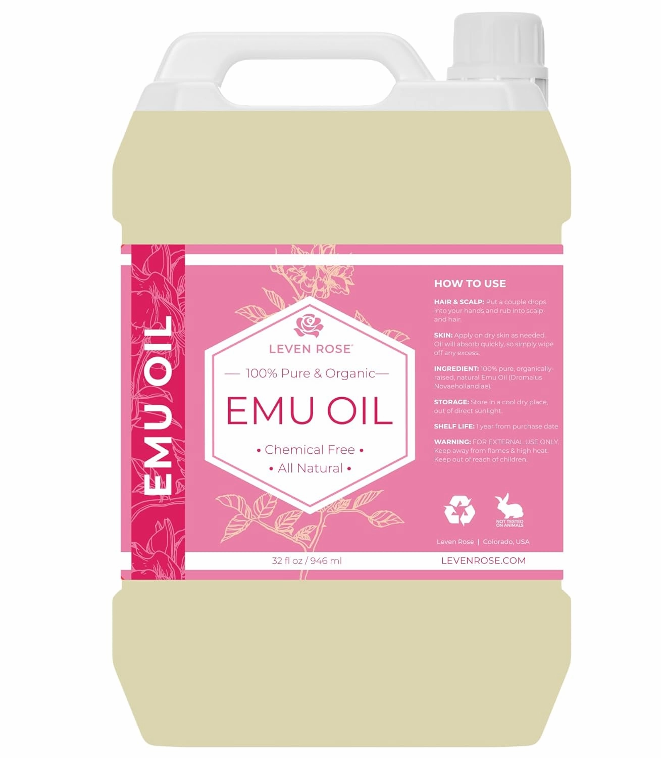 Leven Rose Emu Oil 32oz bulk, 100% Pure Natural Hair Strengthener Anti Aging Skin Moisturizer