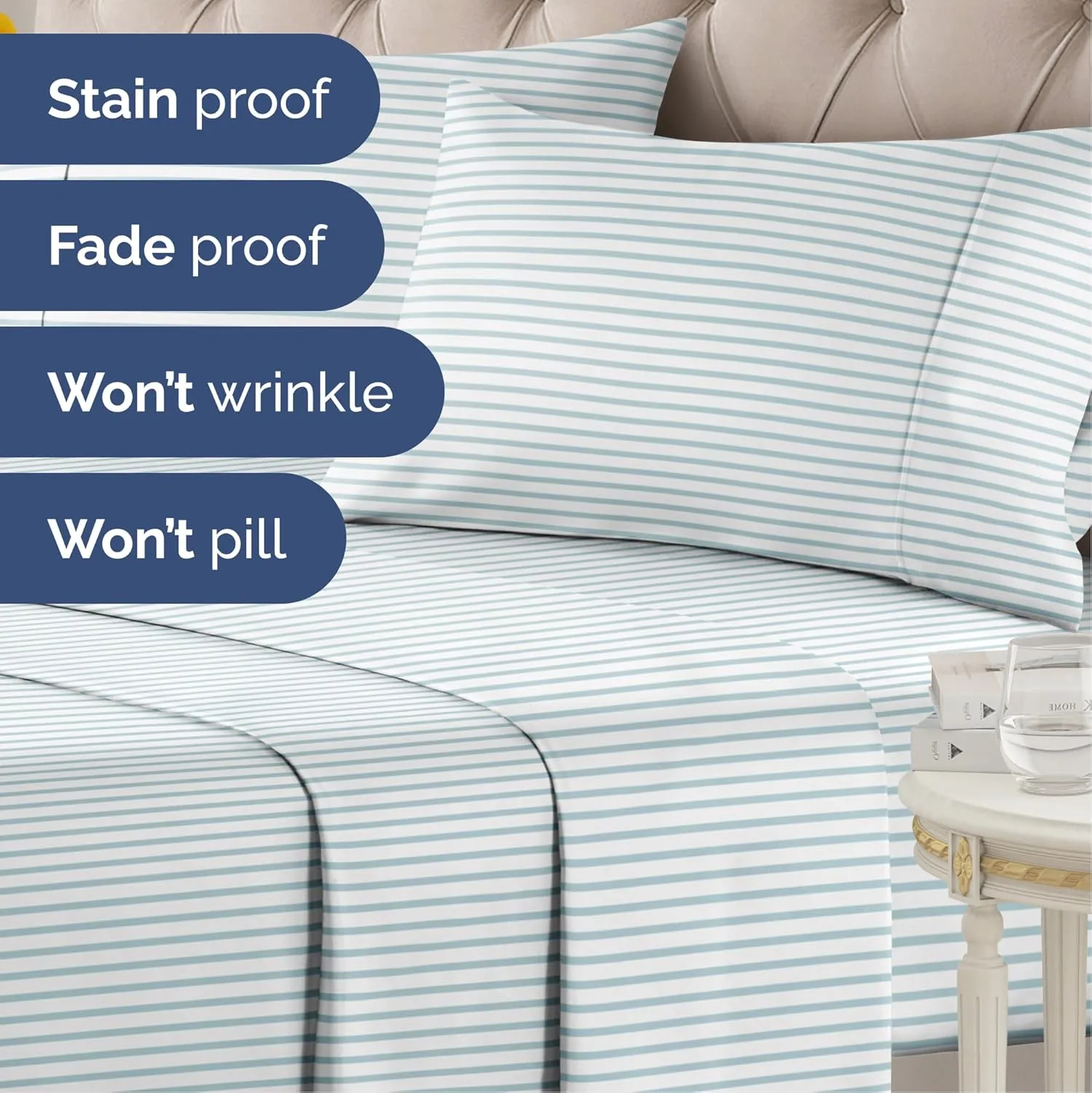 Light Blue and White Striped Sheets - 4 Piece Full Set – 1 Flat & 1 Fitted Sheet & 2 Pillowcases w/ Deep Pockets – Wrinkle & Fade Resistant, Ultra-Soft, Breathable & Cooling – Luxury Pinstripe Bed Set