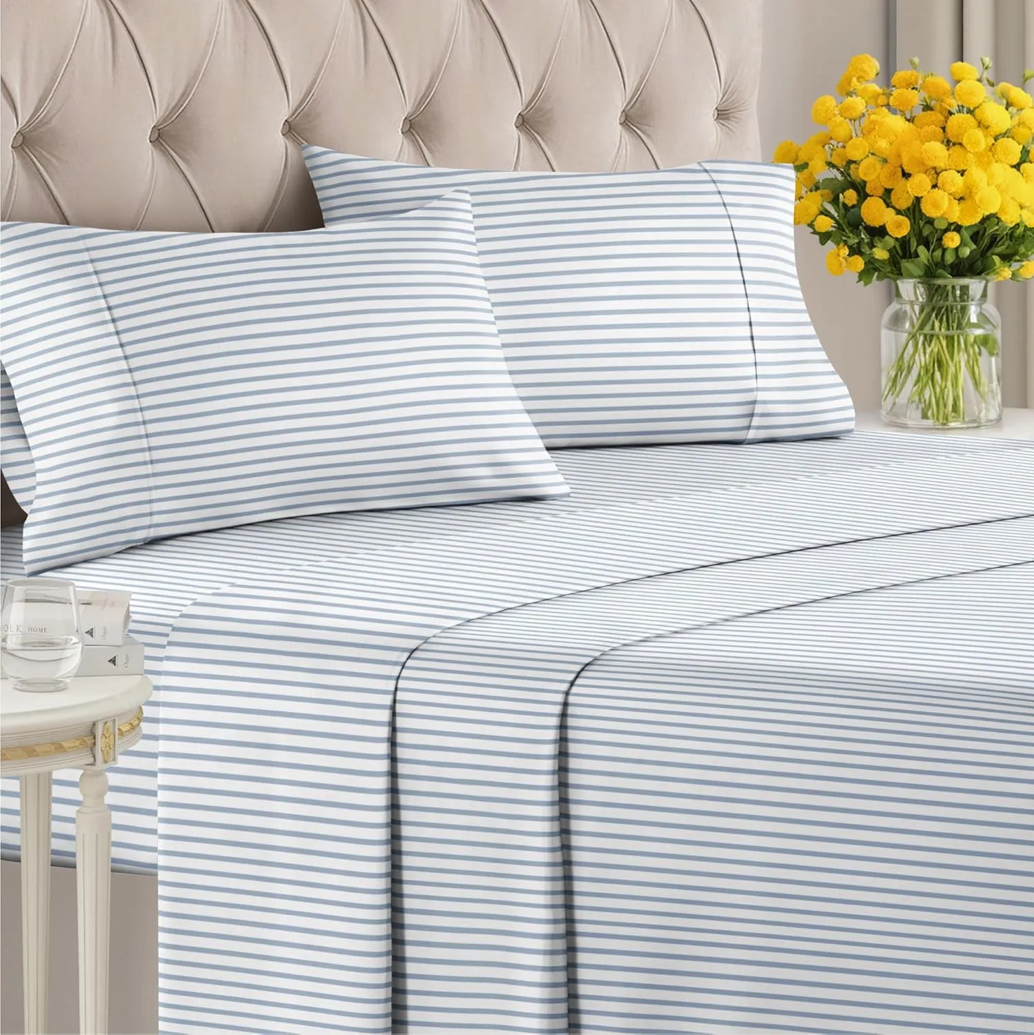 Light Blue and White Striped Sheets - 4 Piece Full Set – 1 Flat & 1 Fitted Sheet & 2 Pillowcases w/ Deep Pockets – Wrinkle & Fade Resistant, Ultra-Soft, Breathable & Cooling – Luxury Pinstripe Bed Set