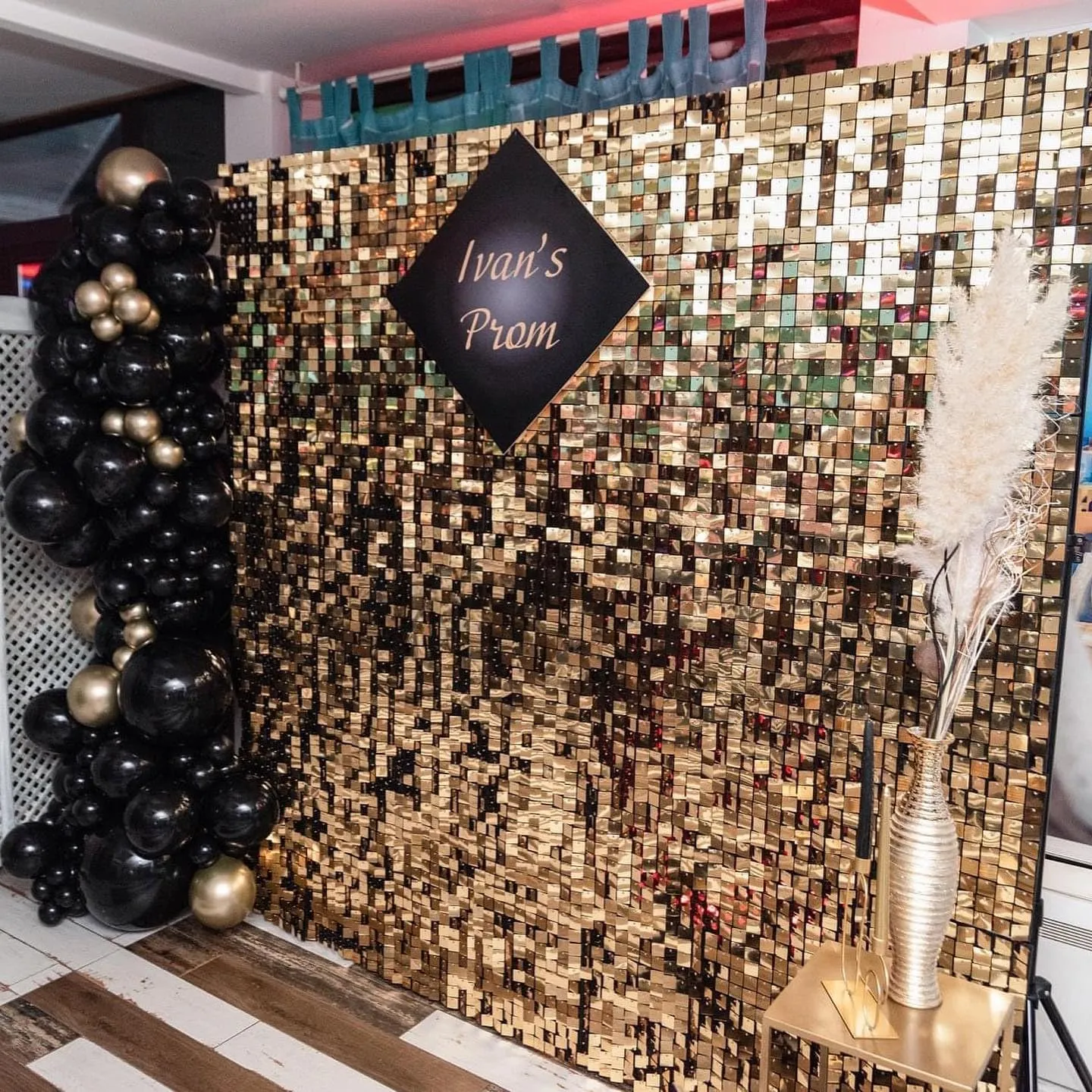 Light Gold Shimmer Wall Backdrop 48PCS, Black Back Not See-Through Design, Square Sequin Glitter Backdrop Panel, Perfect for Outdoor Events, Birthdays, Wedding and Party Decoration