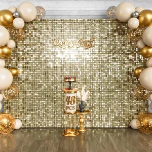 Light Gold Shimmer Wall Backdrop 48PCS, Black Back Not See-Through Design, Square Sequin Glitter Backdrop Panel, Perfect for Outdoor Events, Birthdays, Wedding and Party Decoration