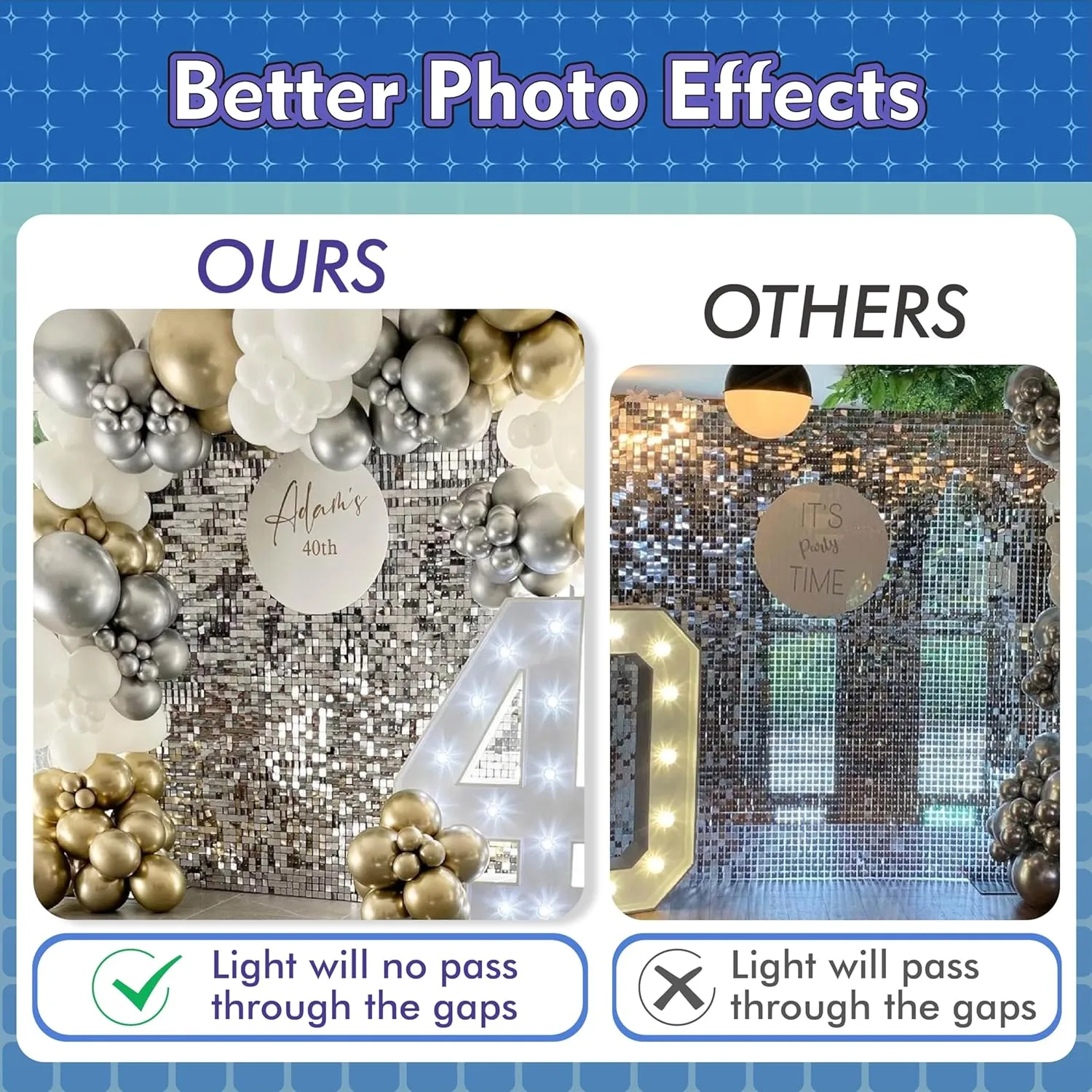 Light Gold Shimmer Wall Backdrop 48PCS, Black Back Not See-Through Design, Square Sequin Glitter Backdrop Panel, Perfect for Outdoor Events, Birthdays, Wedding and Party Decoration