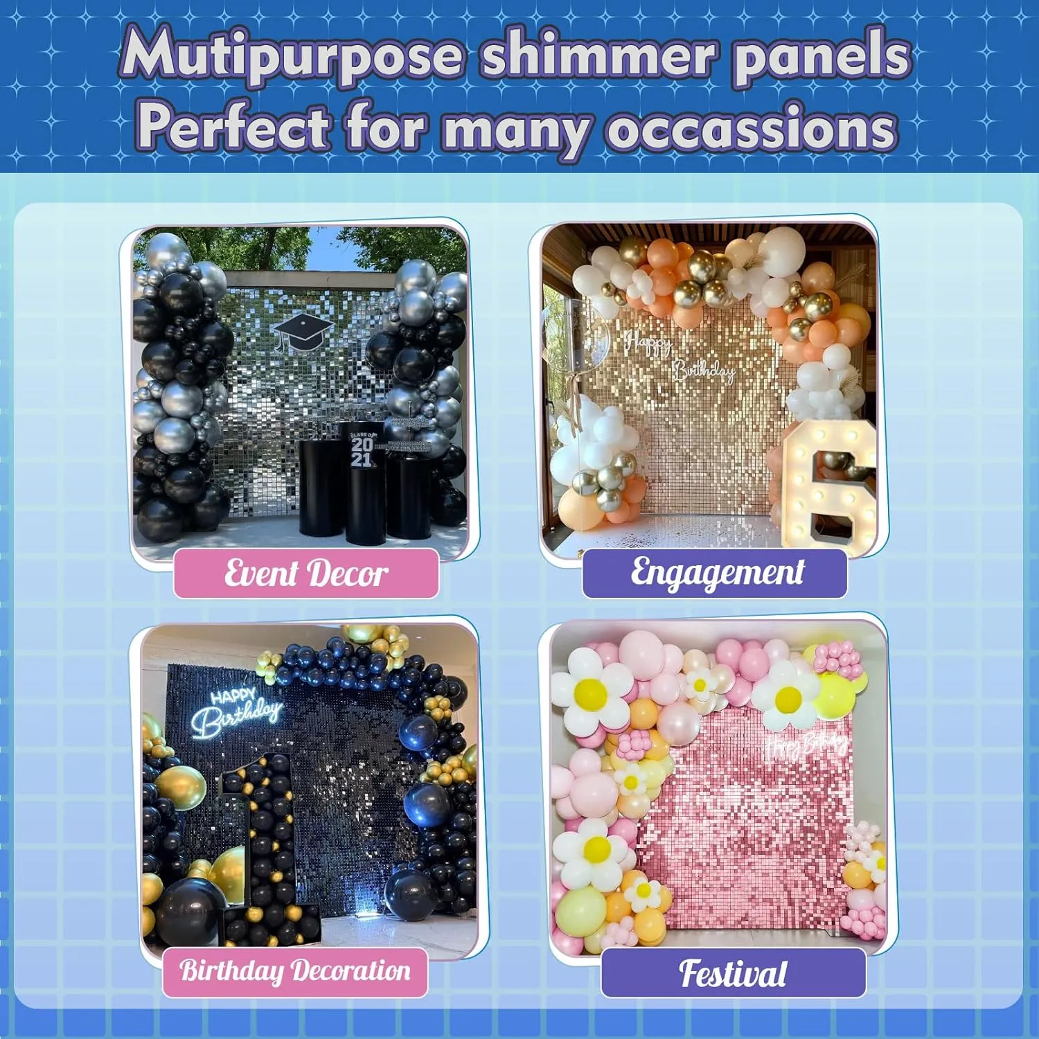 Light Gold Shimmer Wall Backdrop 48PCS, Black Back Not See-Through Design, Square Sequin Glitter Backdrop Panel, Perfect for Outdoor Events, Birthdays, Wedding and Party Decoration