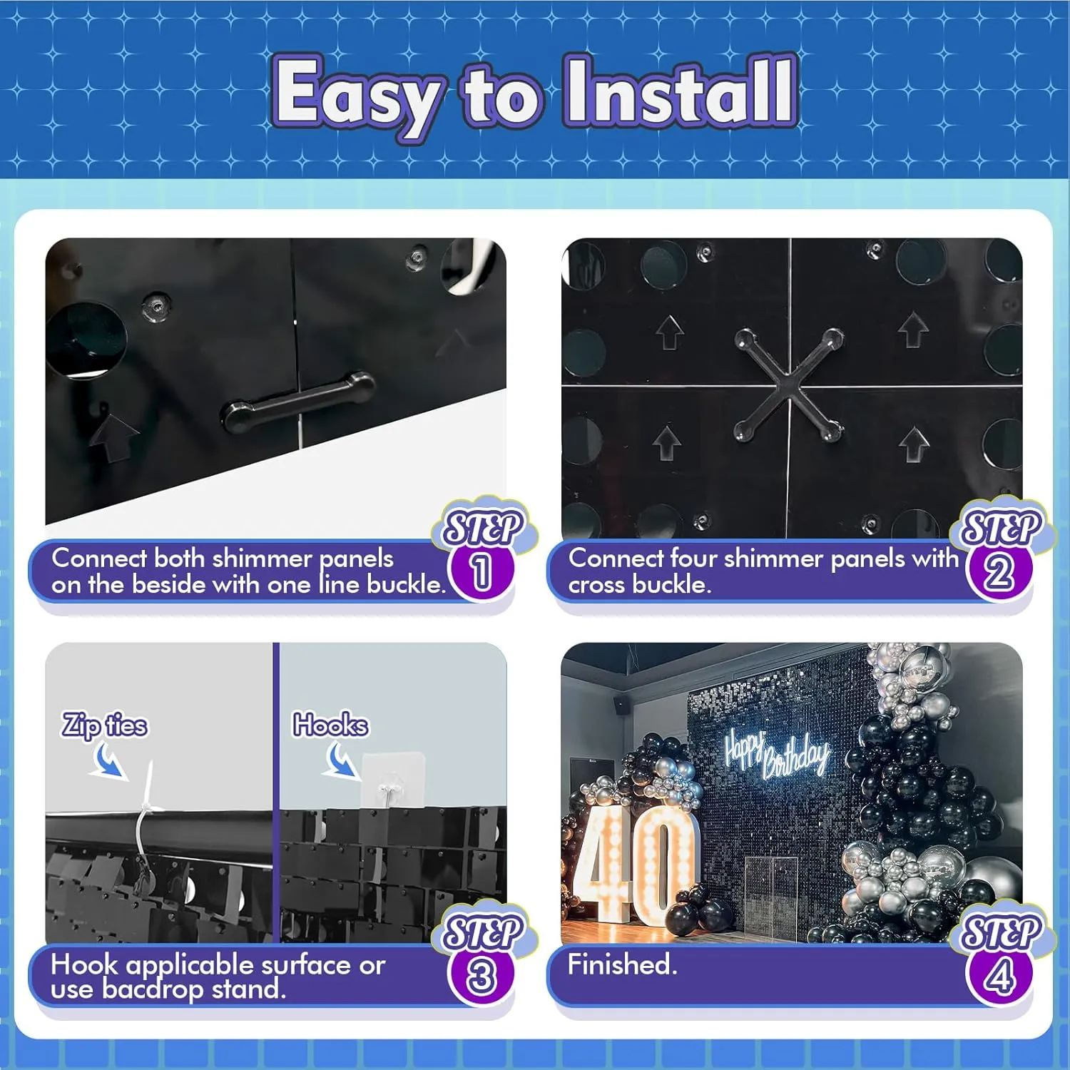 Light Gold Shimmer Wall Backdrop 48PCS, Black Back Not See-Through Design, Square Sequin Glitter Backdrop Panel, Perfect for Outdoor Events, Birthdays, Wedding and Party Decoration