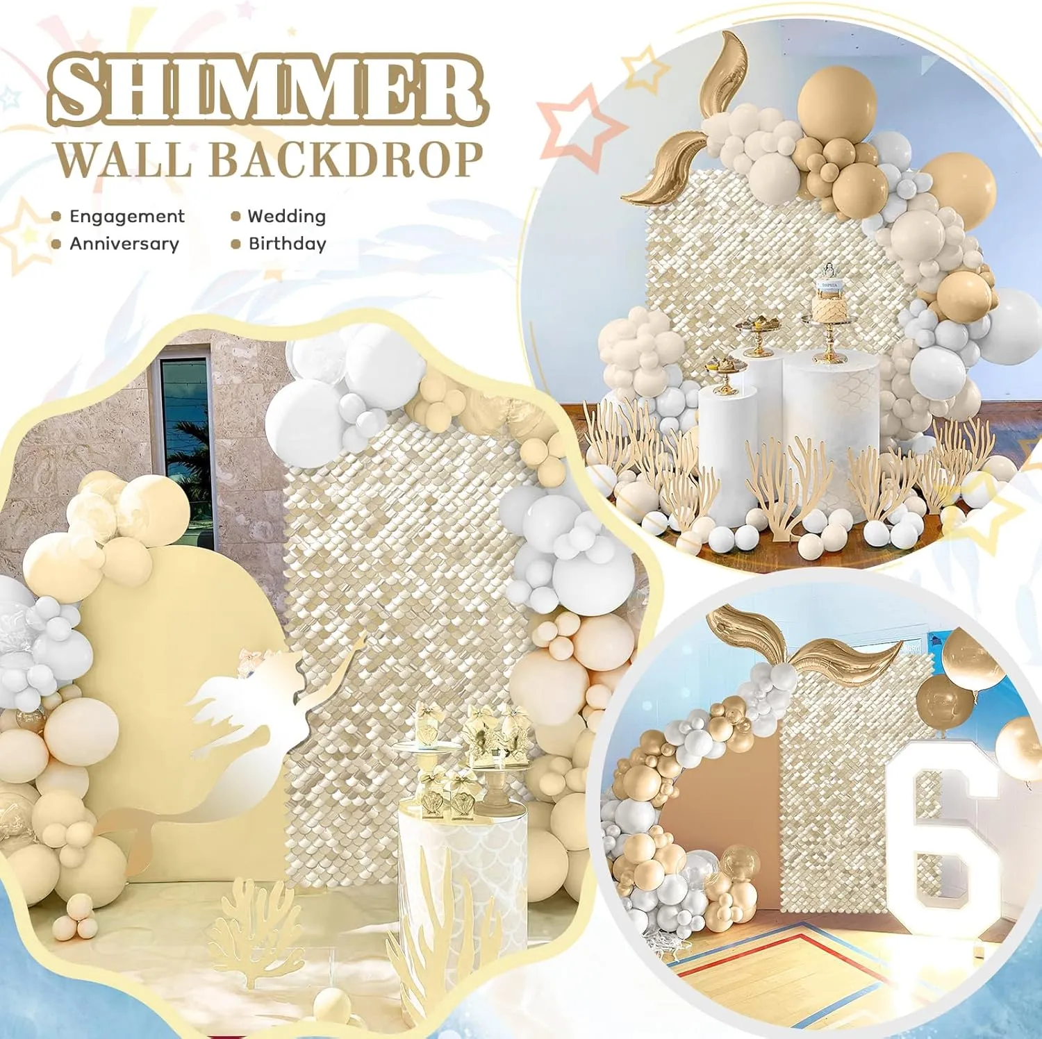 Light Gold Shimmer Wall Backdrop Sequin Wall Panel Backdrop for Birthday Wedding Engagement Mermaid Wall Disco Backdrop Decoration（12 Panels）