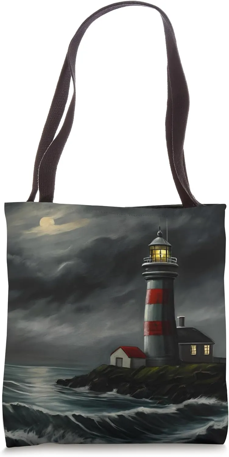 Lighthouse with full moon on a stormy night for paint lovers Tote Bag