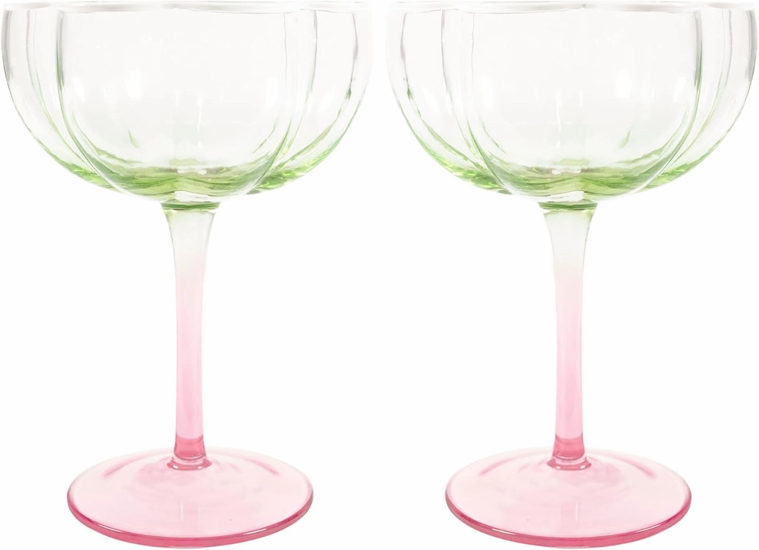 Lilly Pulitzer Unique Ridged Cocktail Glasses, Multicolor Glassware for Serving Drinks, Set of 2, Jade Lime/Pink Muse Ombre