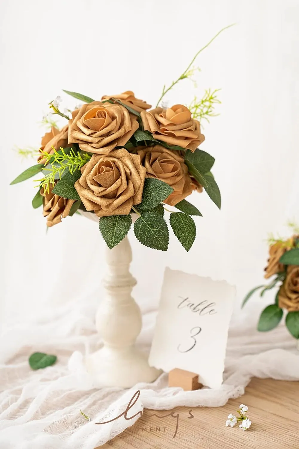 Ling's Moment Artificial Flowers 25Pcs Shimmer Gold Roses Decor w/Stems,3" Real Touch DIY Foam Floral for Wedding Bouquet/Centerpieces, Outdoors Party Backdrop, Room/Table, and Garden/Pot Decorations