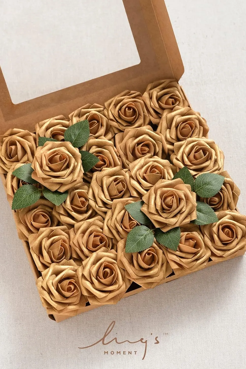 Ling's Moment Artificial Flowers 25Pcs Shimmer Gold Roses Decor w/Stems,3" Real Touch DIY Foam Floral for Wedding Bouquet/Centerpieces, Outdoors Party Backdrop, Room/Table, and Garden/Pot Decorations