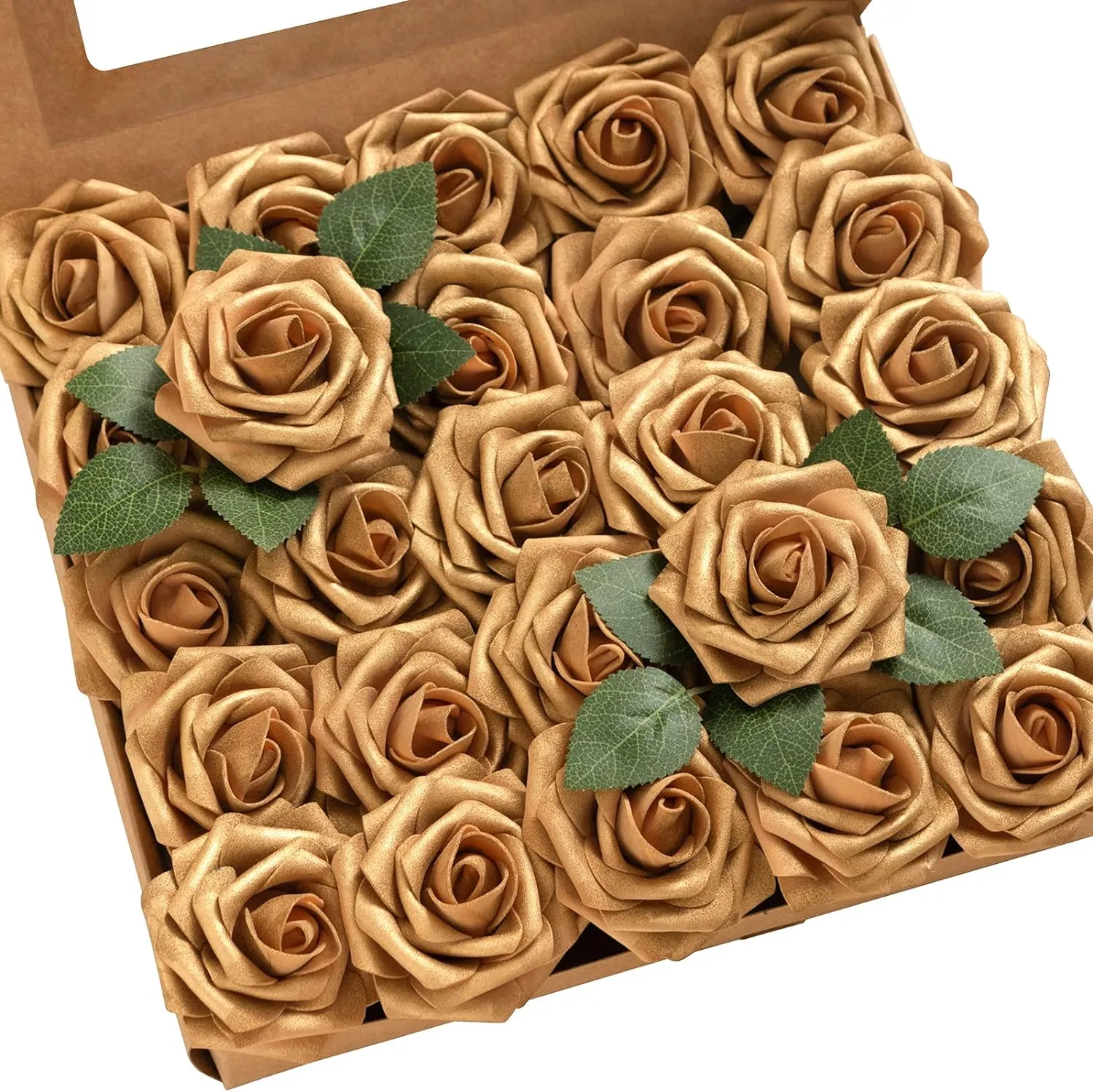 Ling's Moment Artificial Flowers 25Pcs Shimmer Gold Roses Decor w/Stems,3" Real Touch DIY Foam Floral for Wedding Bouquet/Centerpieces, Outdoors Party Backdrop, Room/Table, and Garden/Pot Decorations