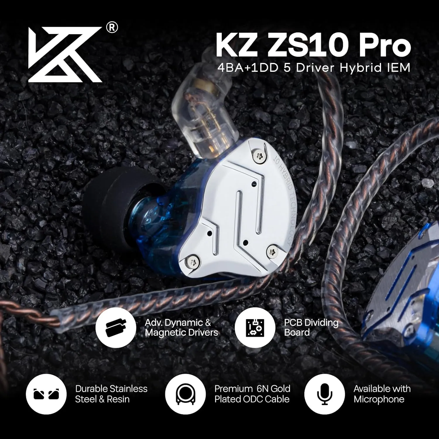 Linsoul KZ ZS10 Pro, 4BA 1DD 5 Driver in Ear Monitor, HiFi Wired Earbuds, Gaming Earbuds, Hybrid IEM Earphones with Stainless Steel Faceplate, Detachable Cable for Musician (Without Mic, Blue)