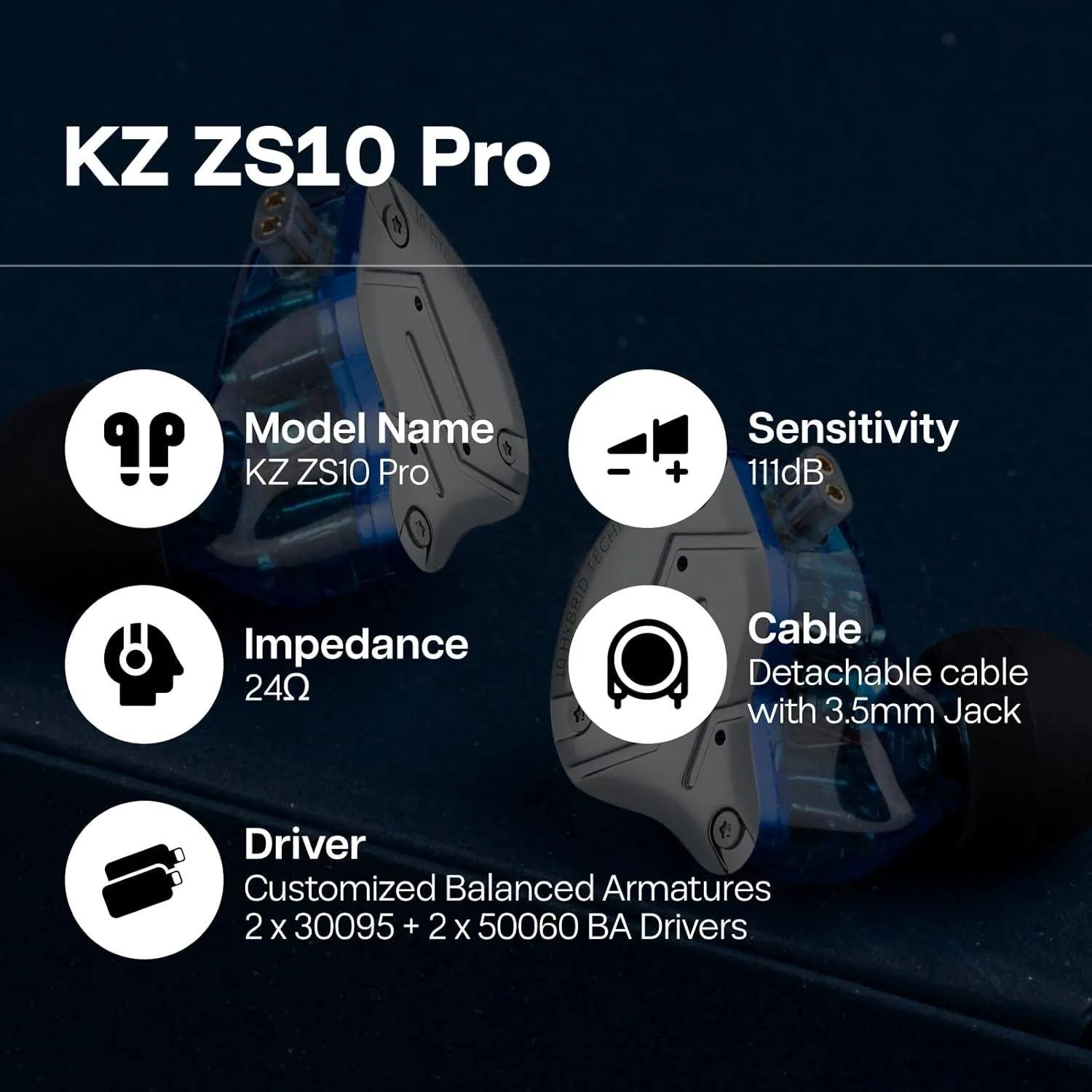 Linsoul KZ ZS10 Pro, 4BA 1DD 5 Driver in Ear Monitor, HiFi Wired Earbuds, Gaming Earbuds, Hybrid IEM Earphones with Stainless Steel Faceplate, Detachable Cable for Musician (Without Mic, Blue)