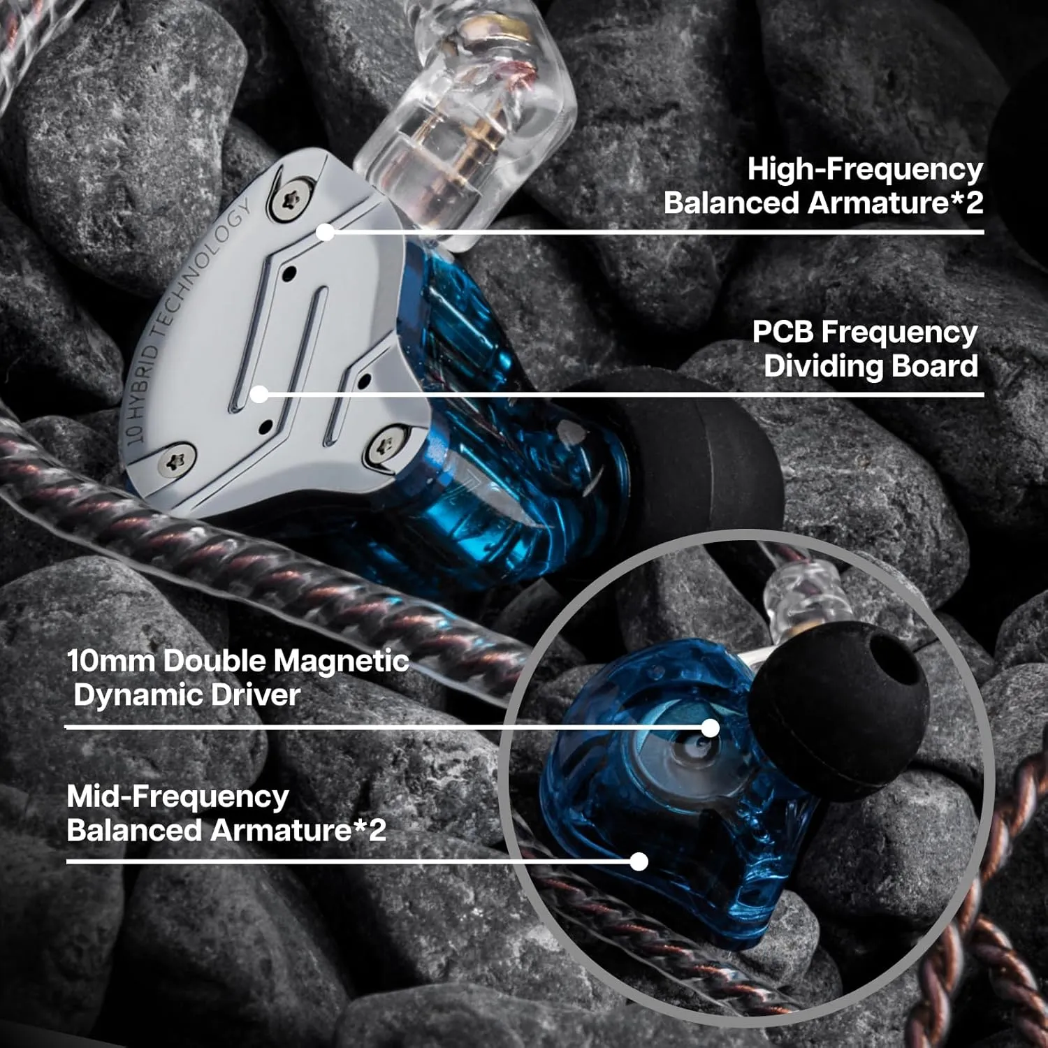 Linsoul KZ ZS10 Pro, 4BA 1DD 5 Driver in Ear Monitor, HiFi Wired Earbuds, Gaming Earbuds, Hybrid IEM Earphones with Stainless Steel Faceplate, Detachable Cable for Musician (Without Mic, Blue)