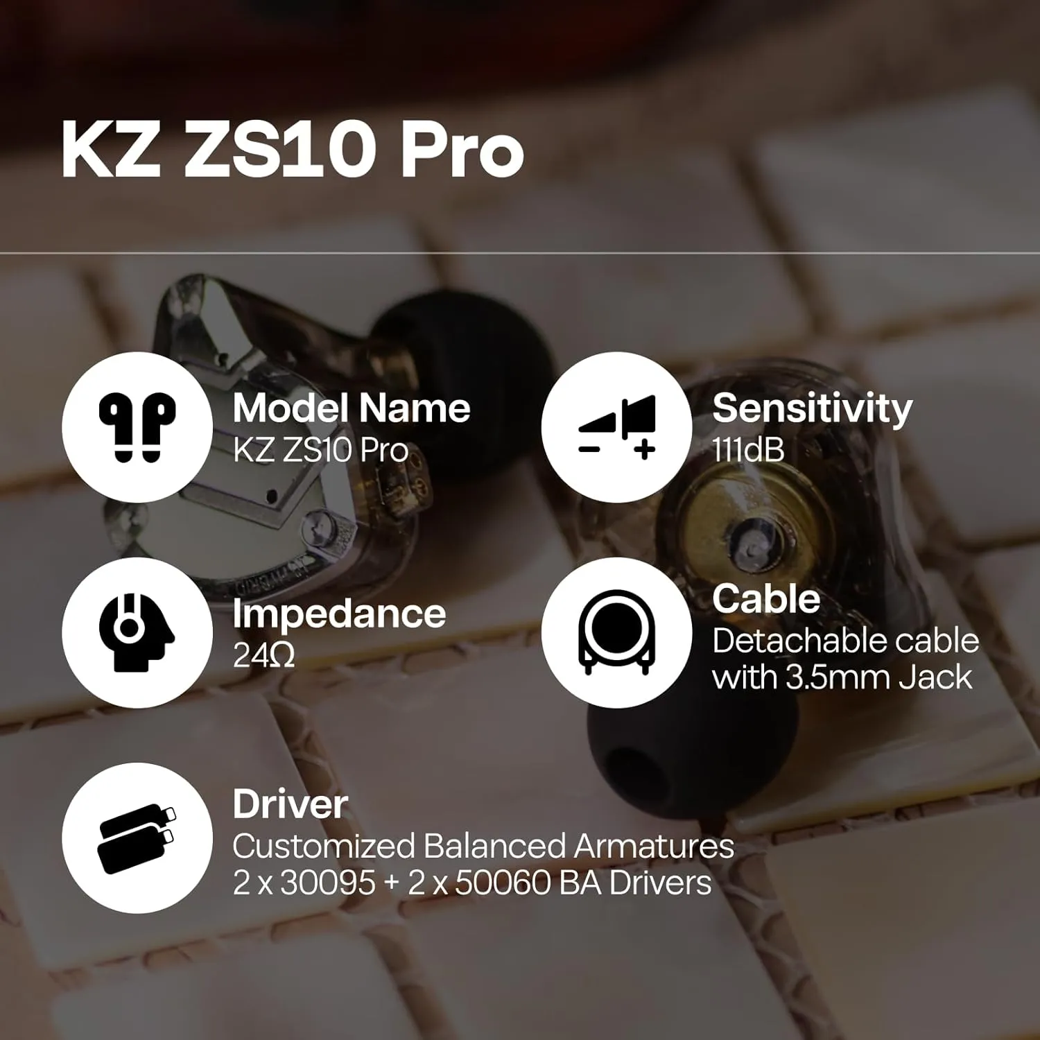 Linsoul KZ ZS10 Pro, 4BA 1DD 5 Driver in Ear Monitor, HiFi Wired Earbuds, Gaming Earbuds, Hybrid IEM Earphones with Stainless Steel Faceplate, Detachable Cable for Musician(Without Mic, Black)