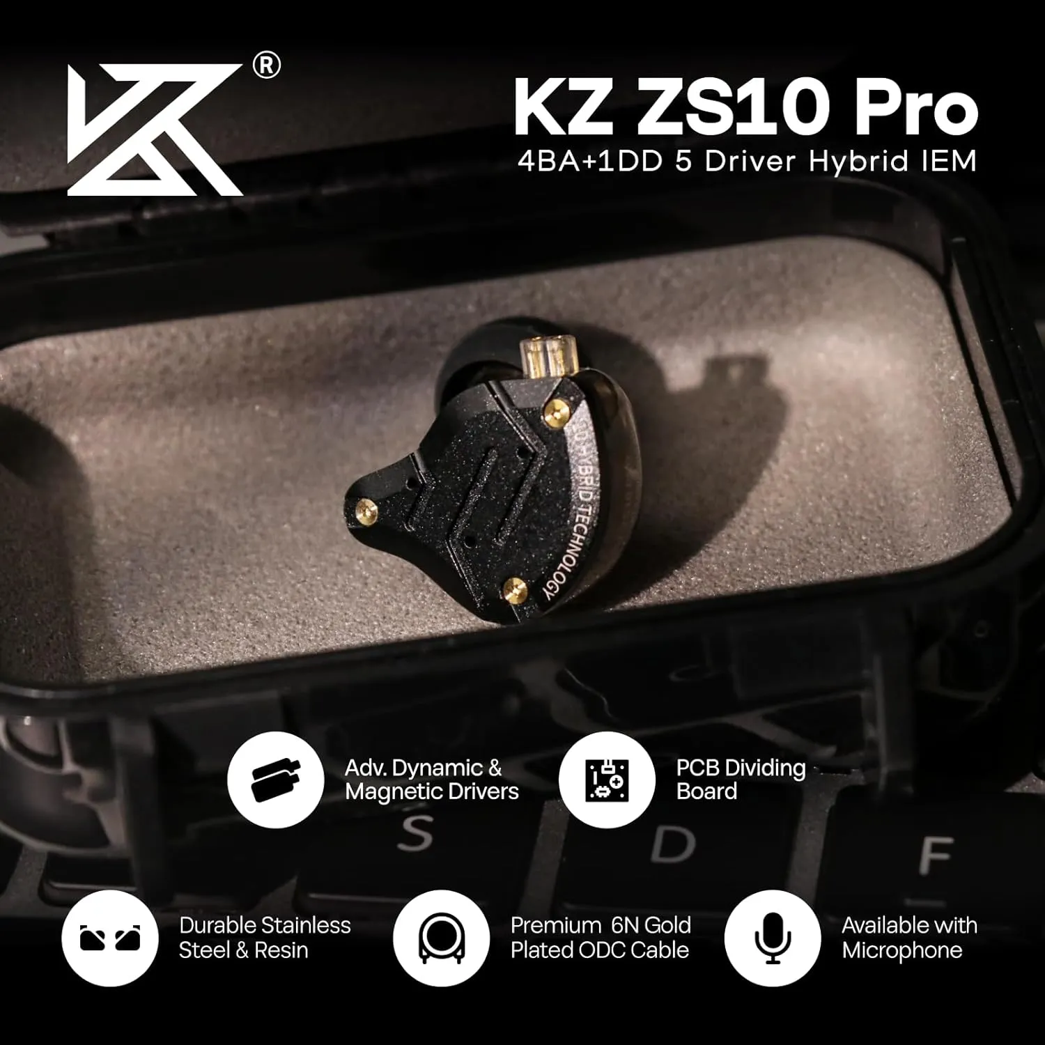Linsoul KZ ZS10 Pro, 4BA 1DD 5 Driver in Ear Monitor, HiFi Wired Earbuds, Gaming Earbuds, Hybrid IEM Earphones with Stainless Steel Faceplate, Detachable Cable for Musician(Without Mic, Dark Black)