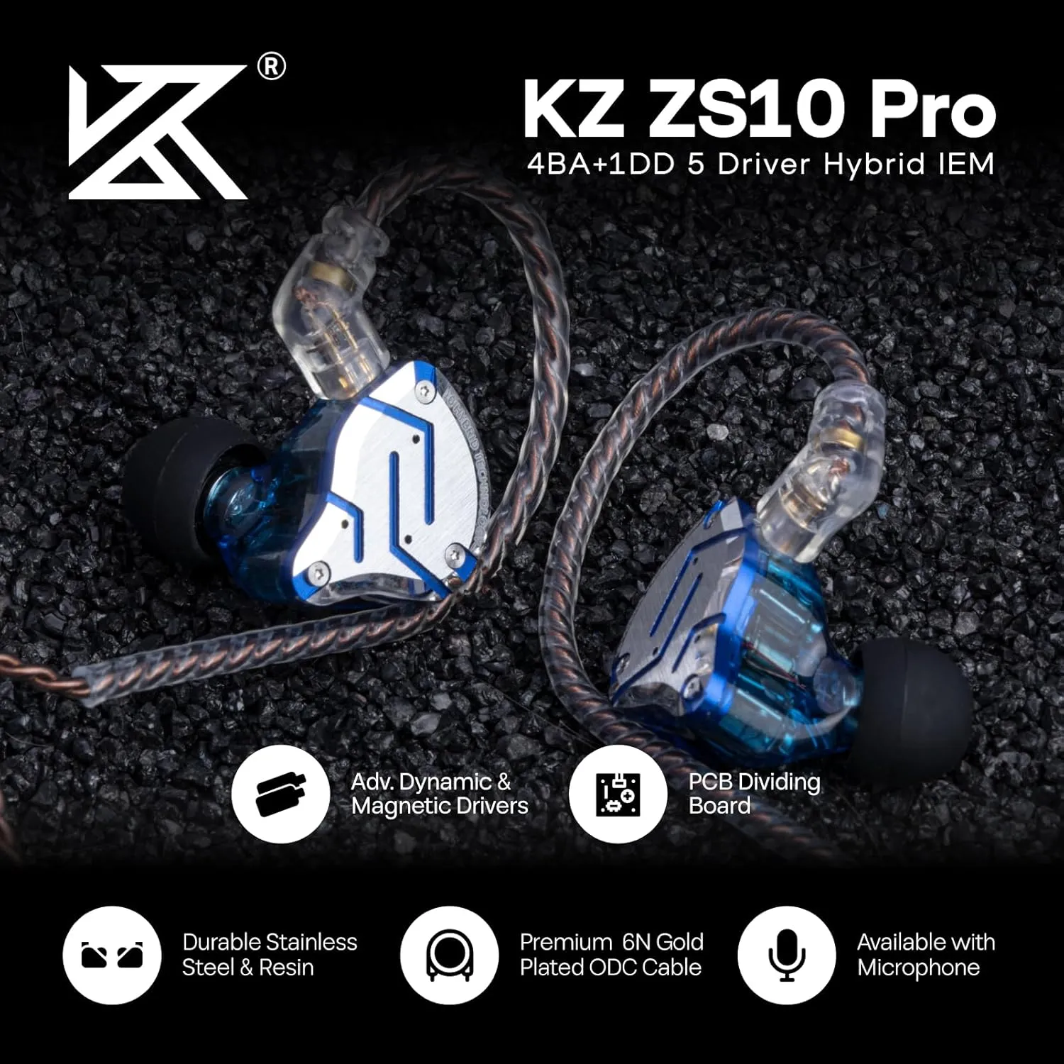 Linsoul KZ ZS10 Pro, 4BA 1DD 5 Driver in Ear Monitor, HiFi Wired Earbuds, Gaming Earbuds, Hybrid IEM Earphones with Stainless Steel Faceplate, Detachable Cable for Musician(Without Mic, Glare Blue)