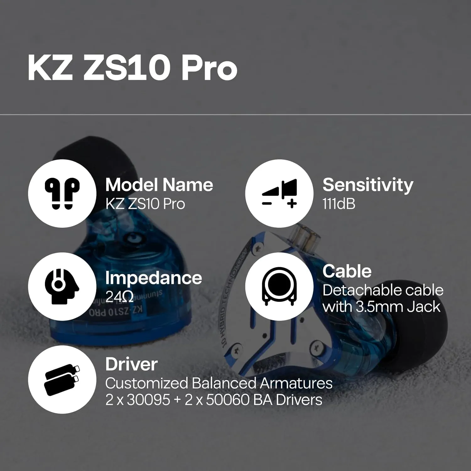 Linsoul KZ ZS10 Pro, 4BA 1DD 5 Driver in Ear Monitor, HiFi Wired Earbuds, Gaming Earbuds, Hybrid IEM Earphones with Stainless Steel Faceplate, Detachable Cable for Musician(Without Mic, Glare Blue)