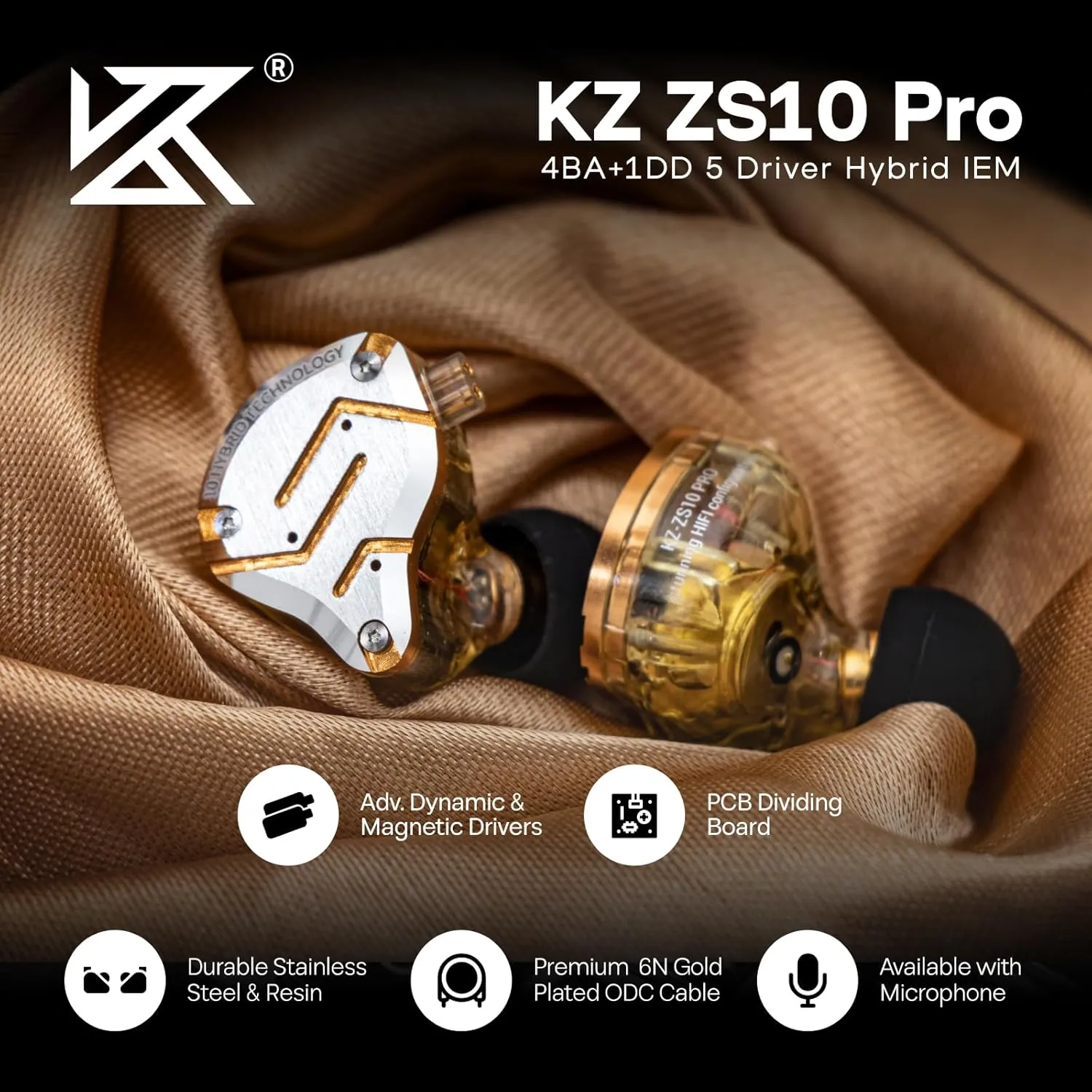 Linsoul KZ ZS10 Pro, 4BA 1DD 5 Driver in Ear Monitor, HiFi Wired Earbuds, Gaming Earbuds, Hybrid IEM Earphones with Stainless Steel Faceplate, Detachable Cable for Musician(Without Mic, Glare Yellow)