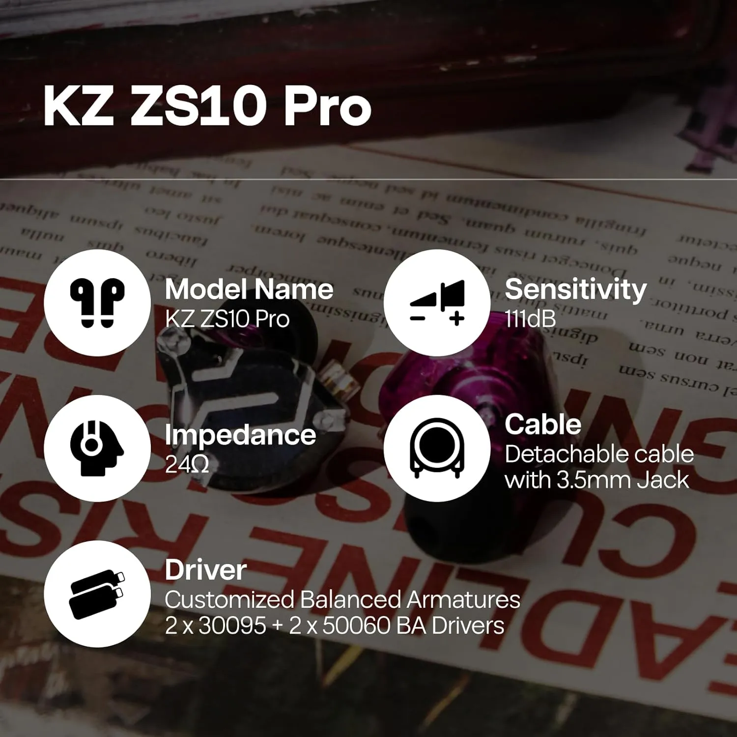 Linsoul KZ ZS10 Pro, 4BA 1DD 5 Driver in Ear Monitor, HiFi Wired Earbuds, Gaming Earbuds, Hybrid IEM Earphones with Stainless Steel Faceplate, Detachable Cable for Musician(Without Mic, Purple)