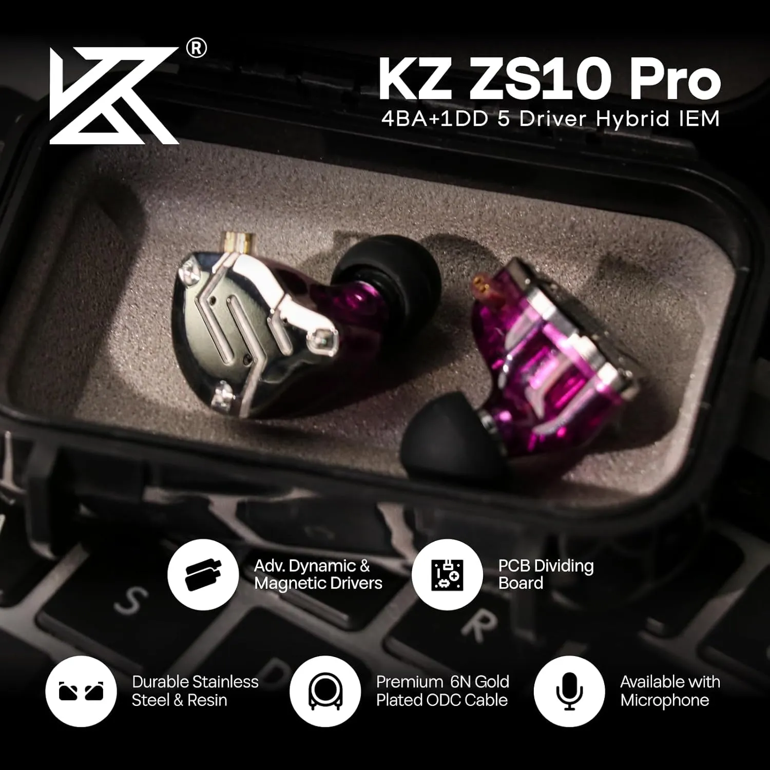 Linsoul KZ ZS10 Pro, 4BA 1DD 5 Driver in Ear Monitor, HiFi Wired Earbuds, Gaming Earbuds, Hybrid IEM Earphones with Stainless Steel Faceplate, Detachable Cable for Musician(Without Mic, Purple)