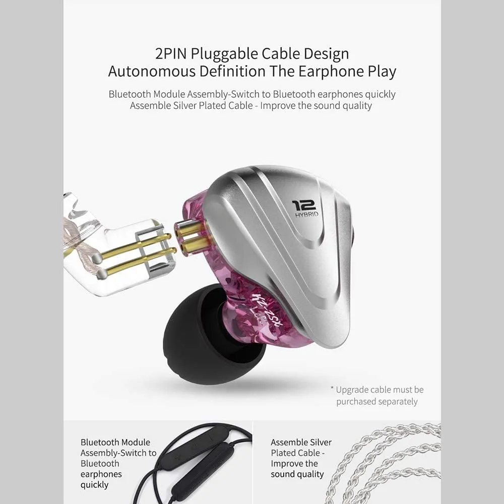 Linsoul KZ ZSX 5BA 1DD 6 Driver Hybrid in-Ear HiFi Earphones with Zinc Alloy Faceplate, Recessed 2 Pin Detachable Cable for Audiophile Musician (with Mic, Purple)