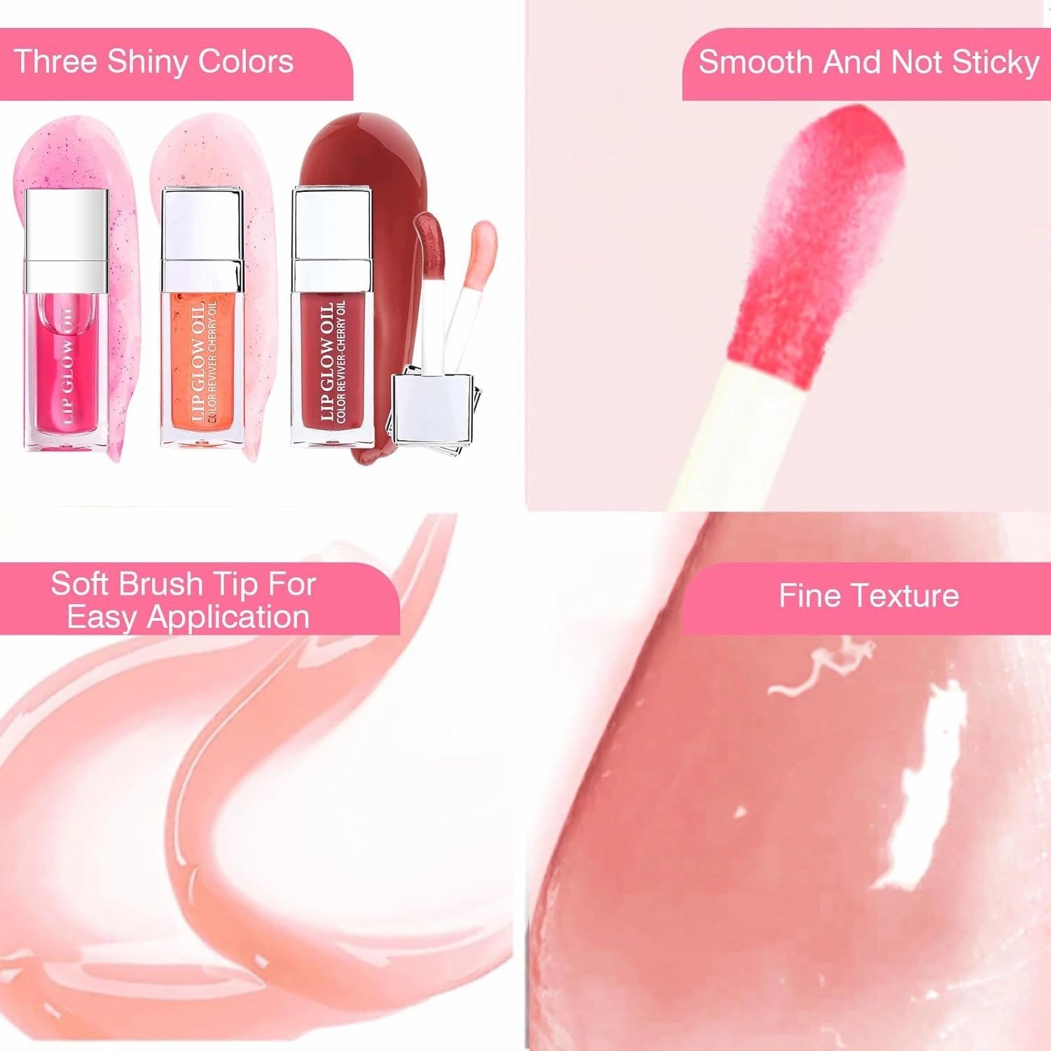Lip Oil 3 Piece Set Moisturizing Lip Glow and Plumping Lip Oil with Cherry Oil Long-Lasting Lip Care Lip Glow Oil Color Reviver Moisturizing Non-Sticky Lip Oils Tinted Large Brush Head Shiny Tinted